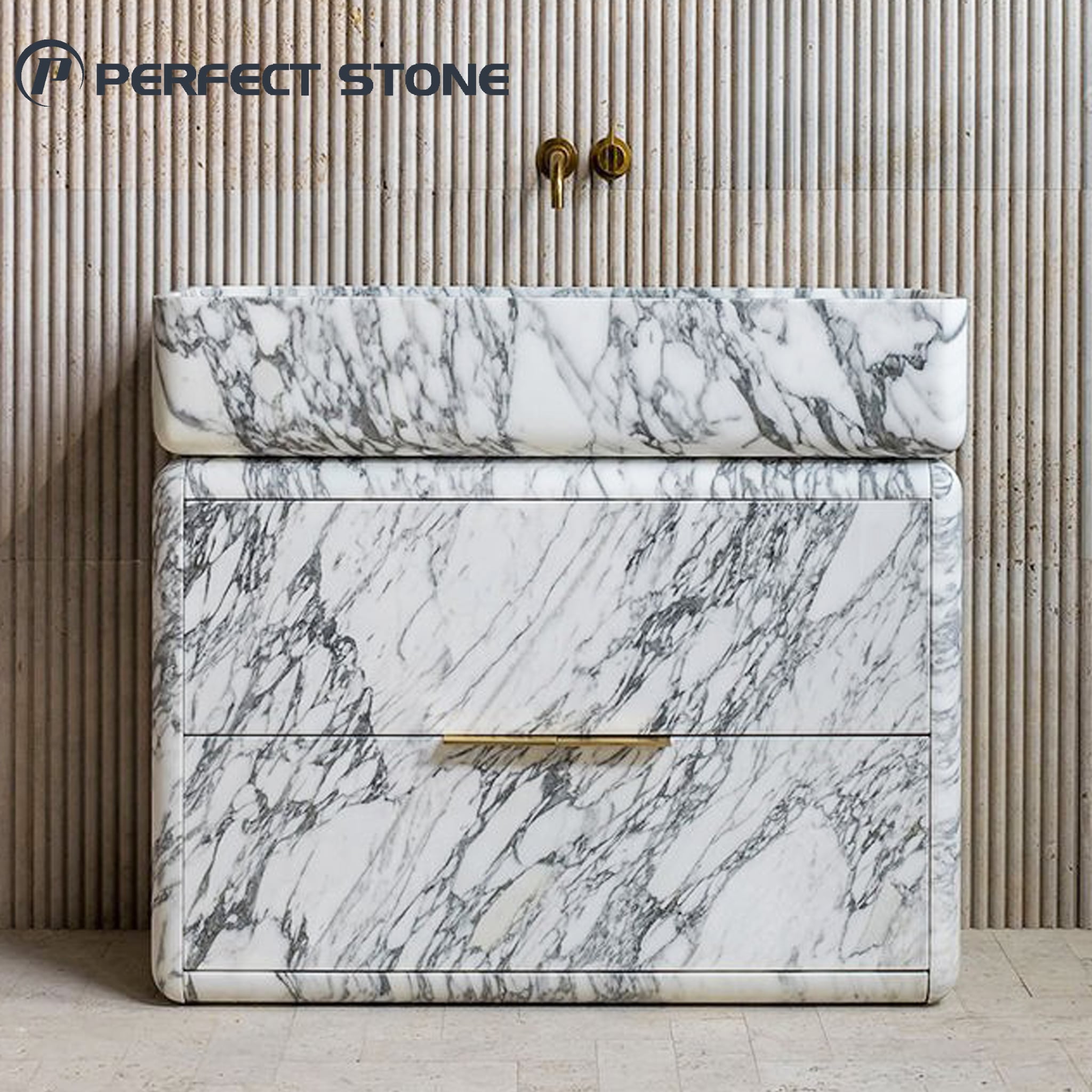 Unità lavabo a isola PerfectStone in vendita all'ingrosso in Arabescato con piano in marmo per hotel di lusso e ville