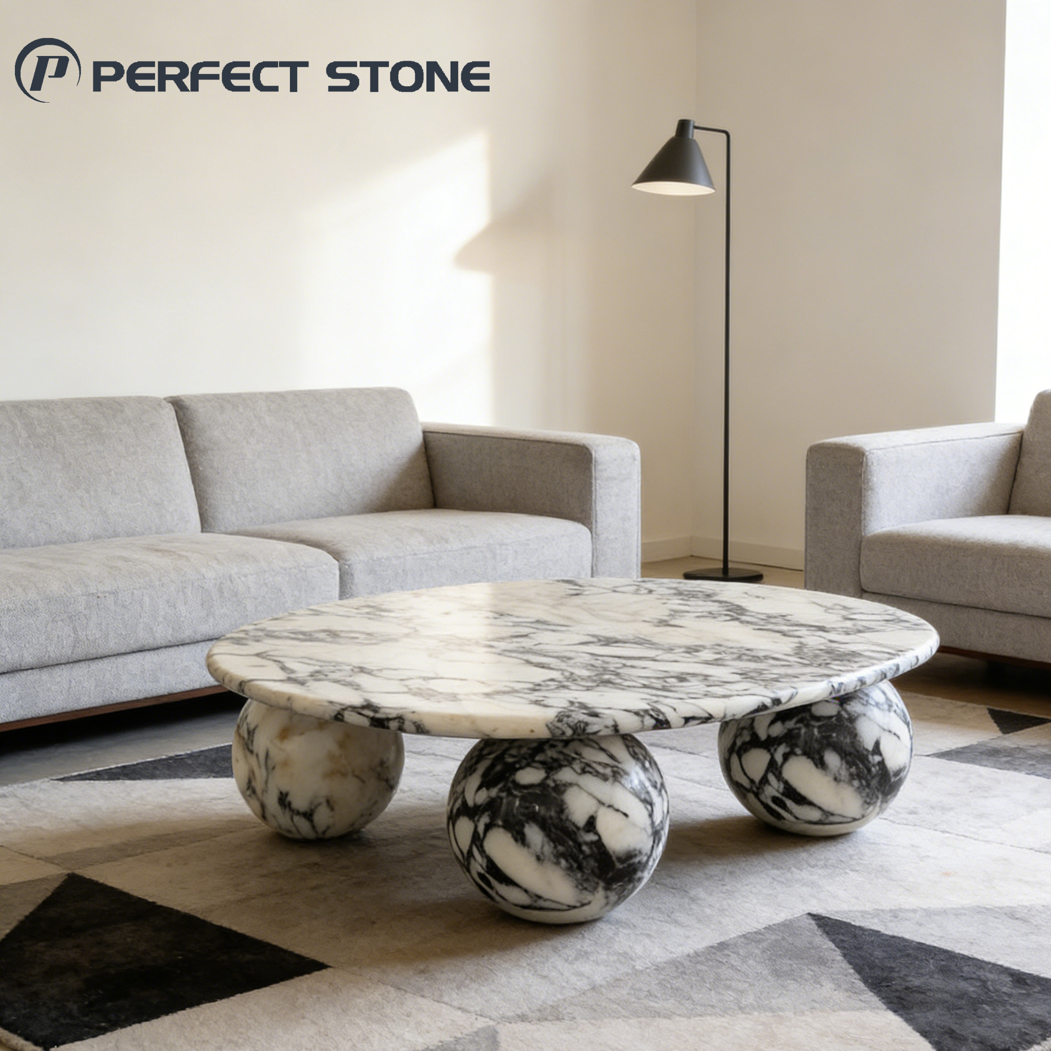 Arabecato natural marble coffee table with sculptural three sphere base