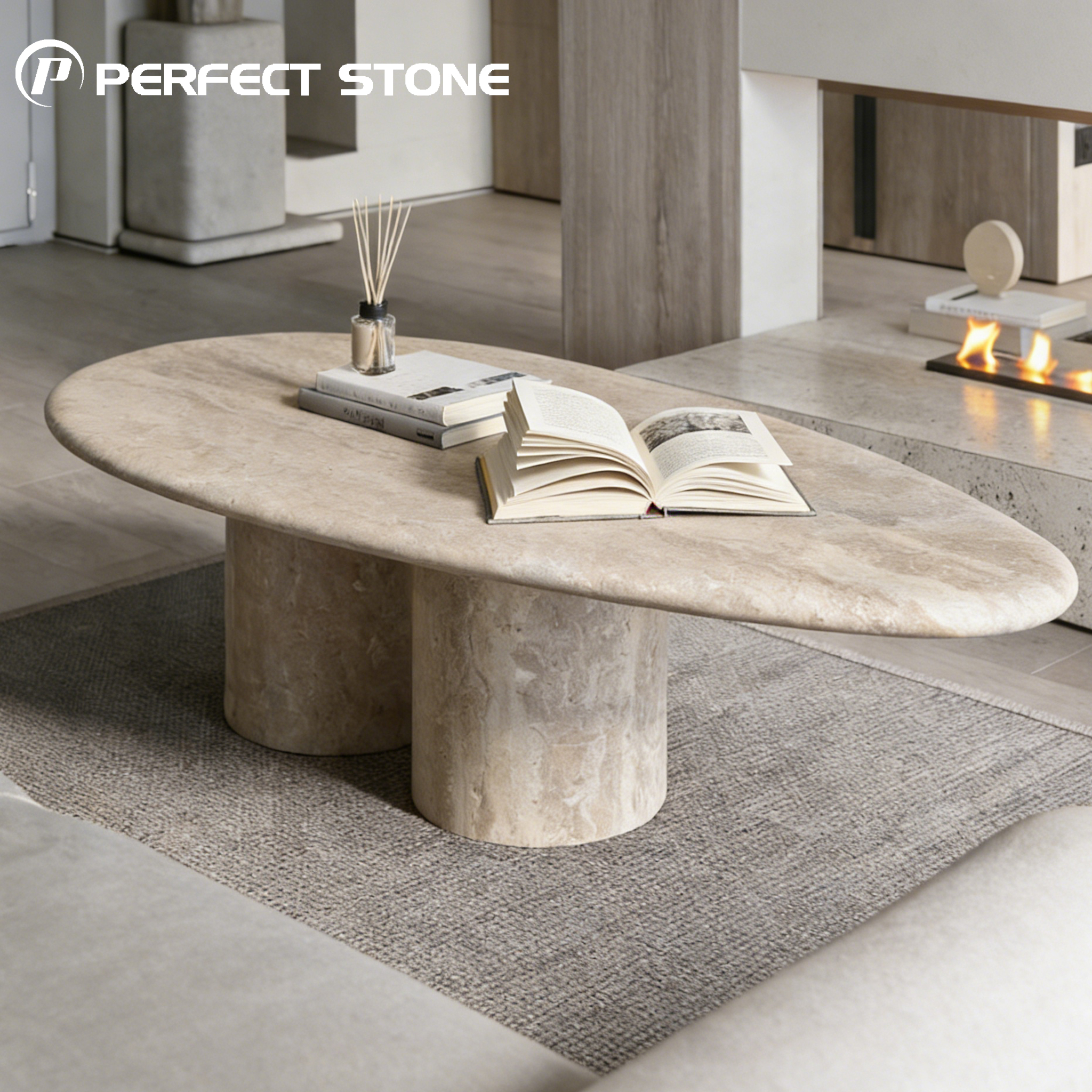 طاولة قهوة من الترافرتين الطبيعي الفاخر لعلامة PerfectStone، وبتصميم يناسب الديكور الداخلي والتشييد الداخلي
