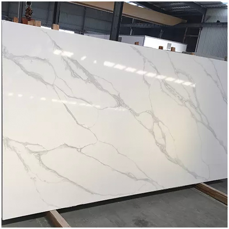 Jumbo Calacatta quartz slabs ready for countertop fabrication