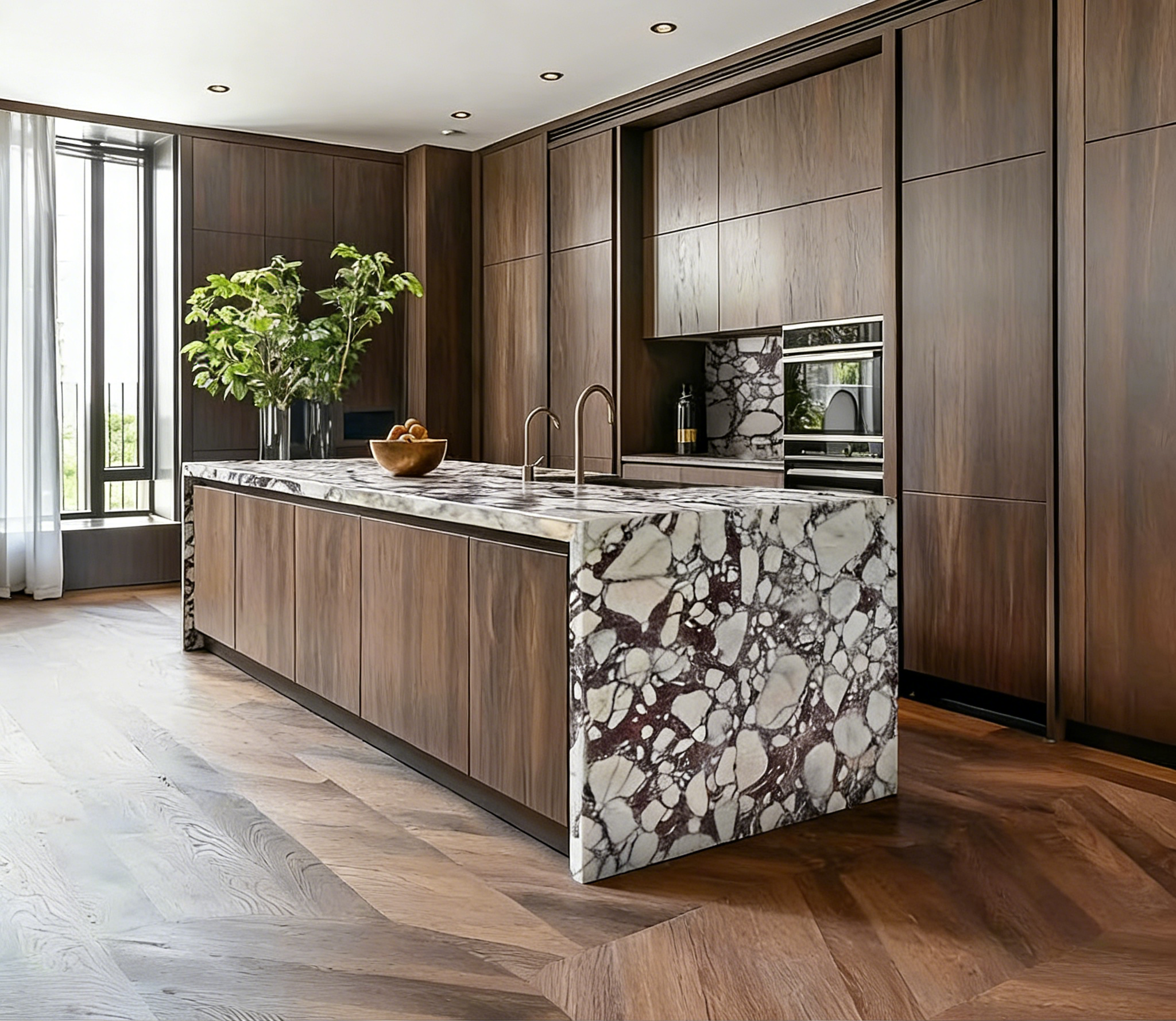 Marble island bench kitchen with violet marble countertop and cabinet storage