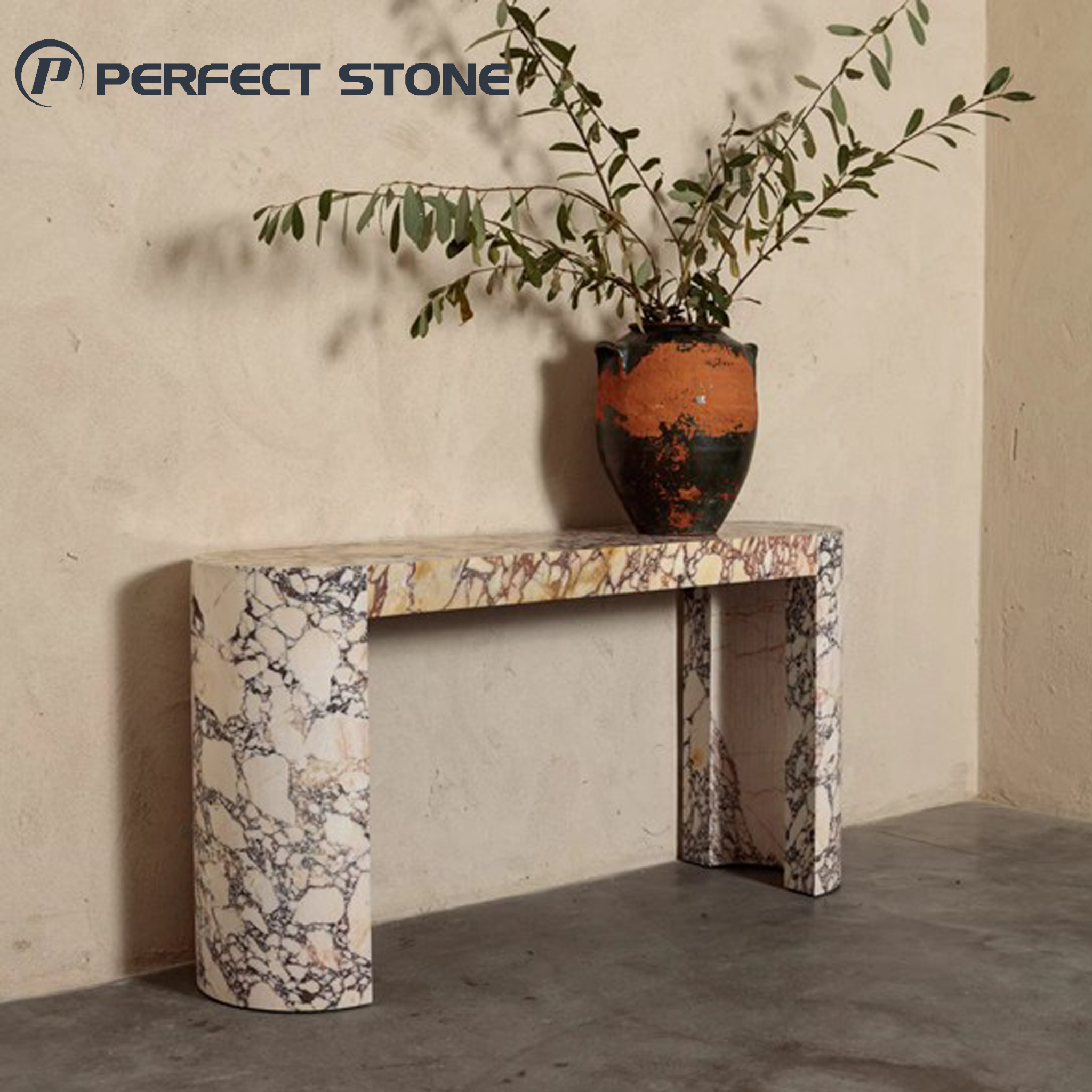 Calacatta Viola marble console table with arched sculptural shape for luxury entryway