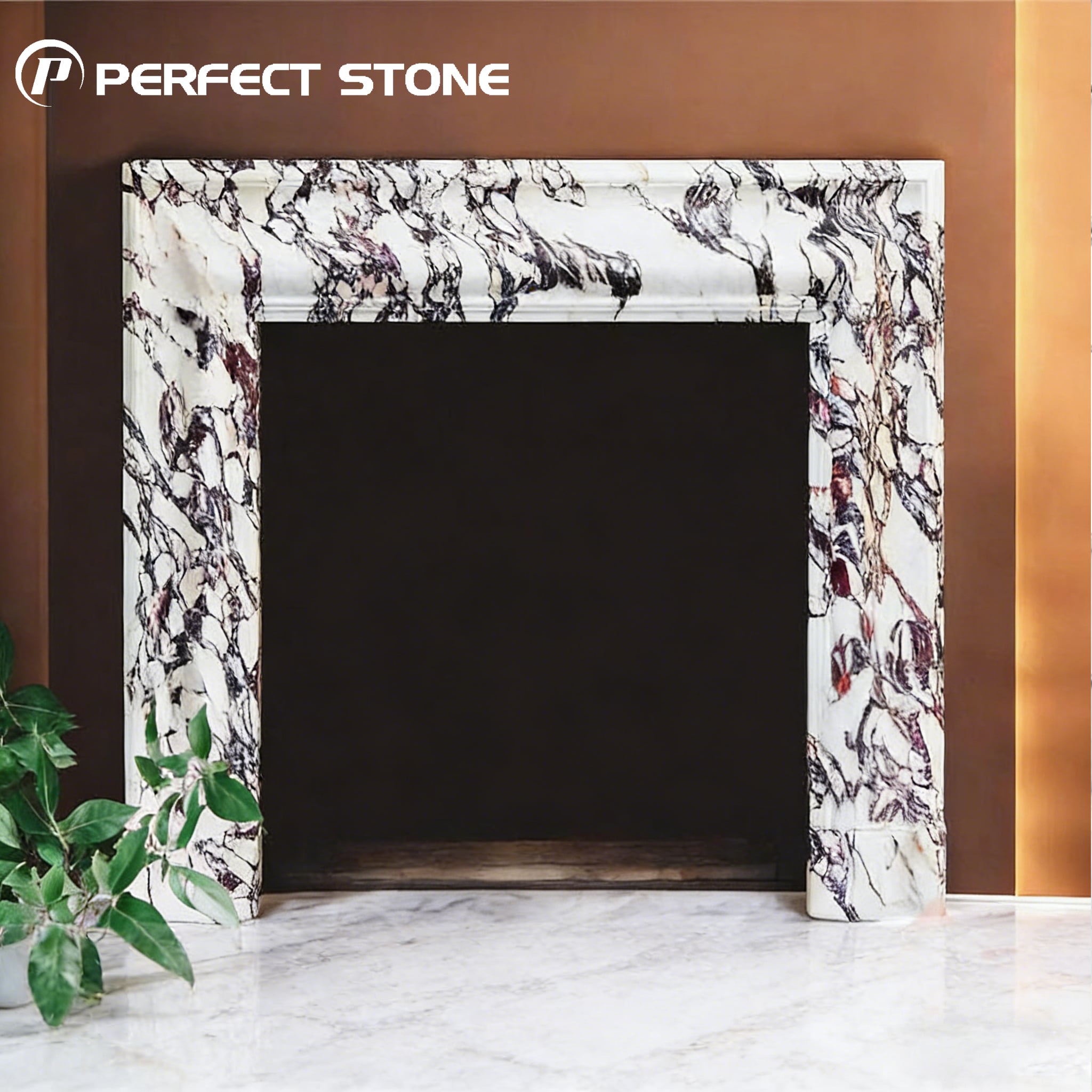 PerfectStone 100 % naturlig lyxslagsten Calacatta Viola för eldstad, avsedd för byggare