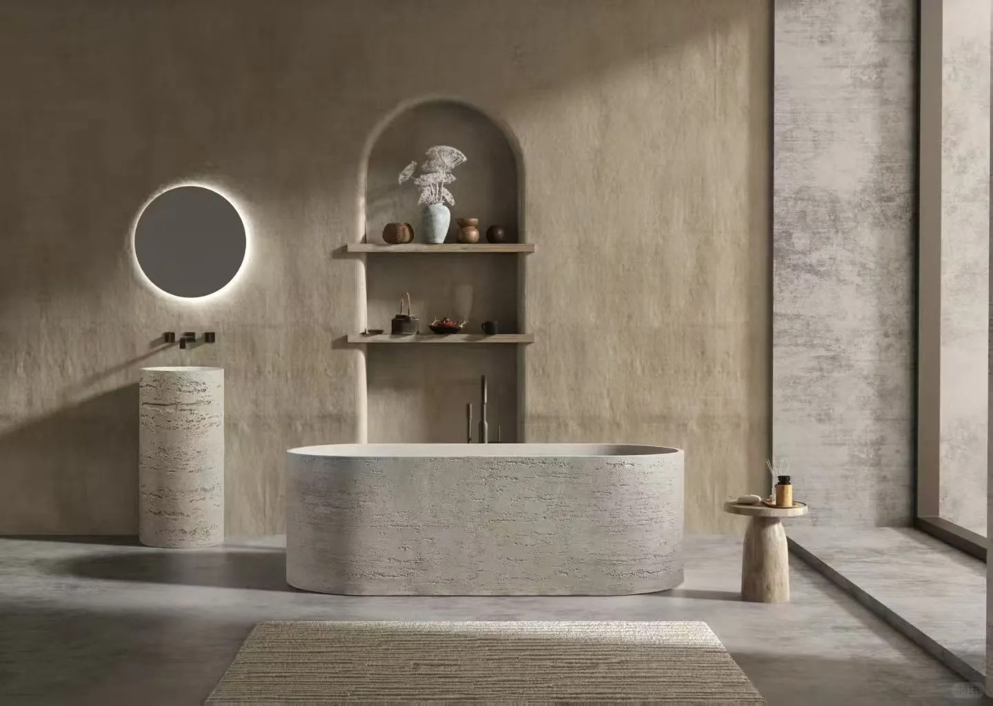 Natural travertine stone bathtub with polished finish