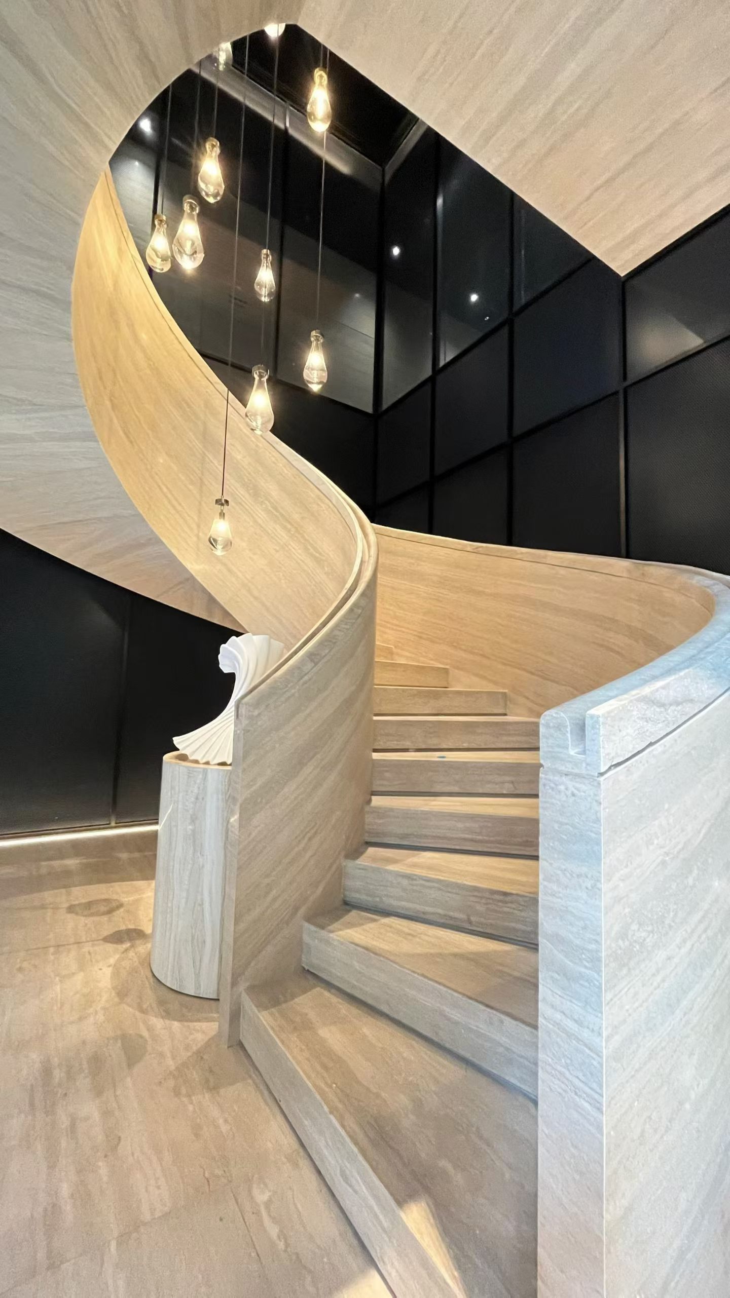 Ultra-thin Silver Travertine rotating staircase decoration project