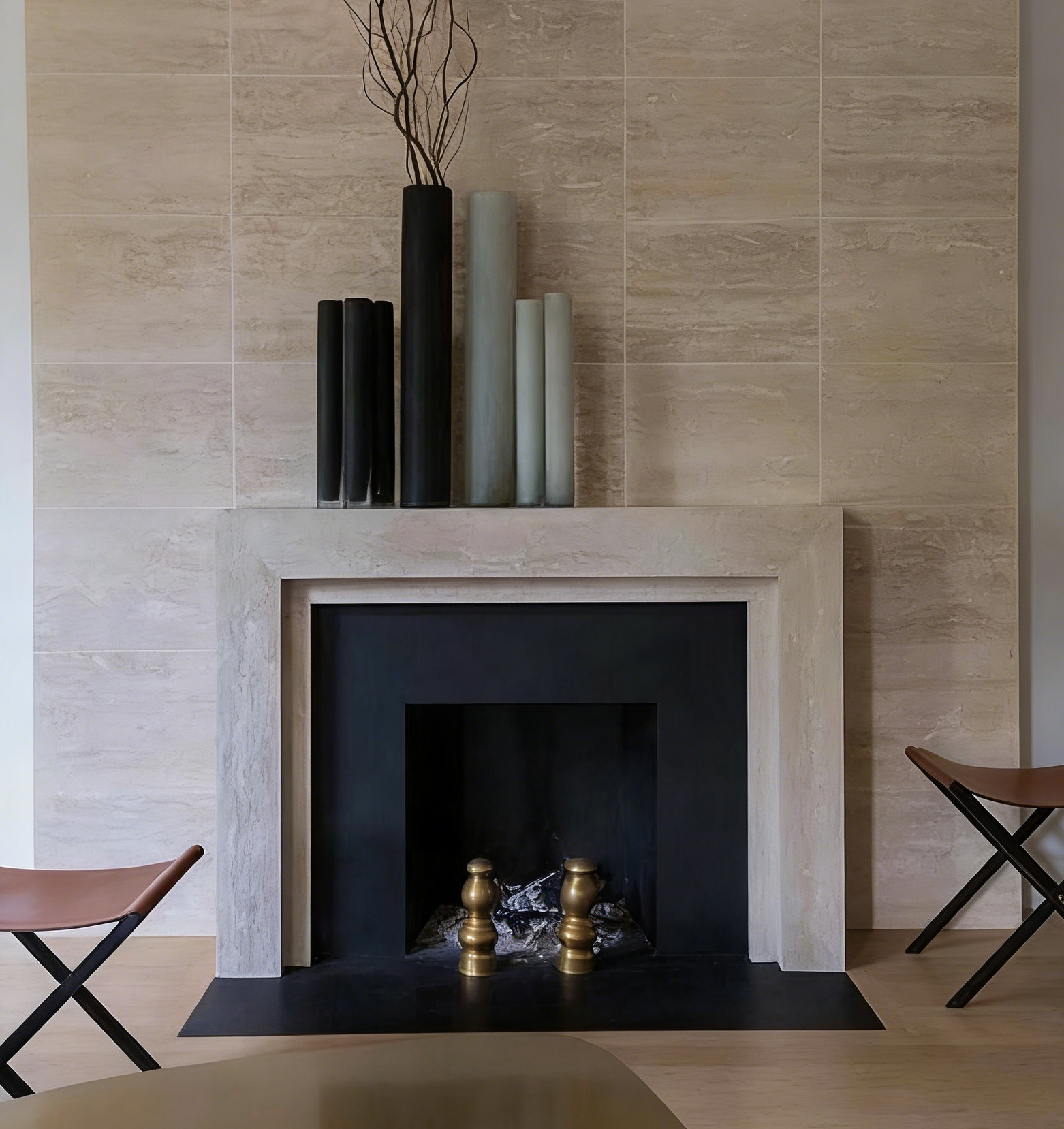 Travertine stone around fireplace for villa and hotel project