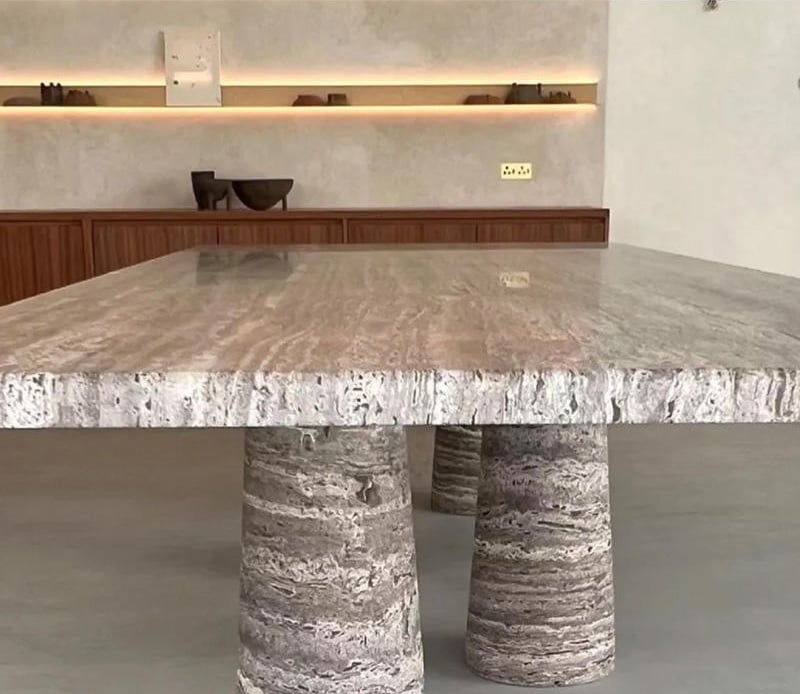 Stone travertine dining table for wabi-sabi hotel and commercial space