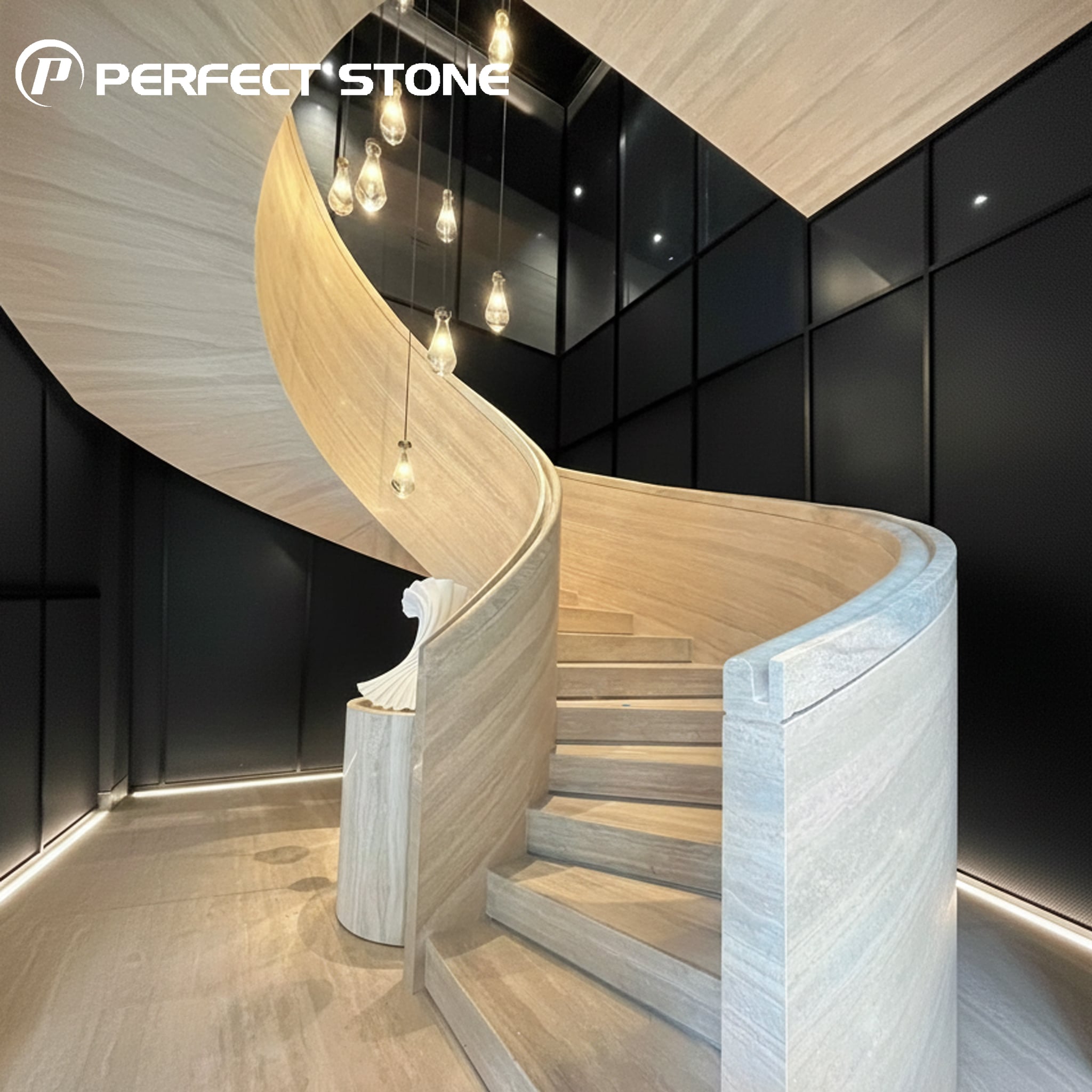 PerfectStone Ultra-thin Silver Travertine Veneer Indoor Rotating Steps Staircase for Hotel and Villa Construction