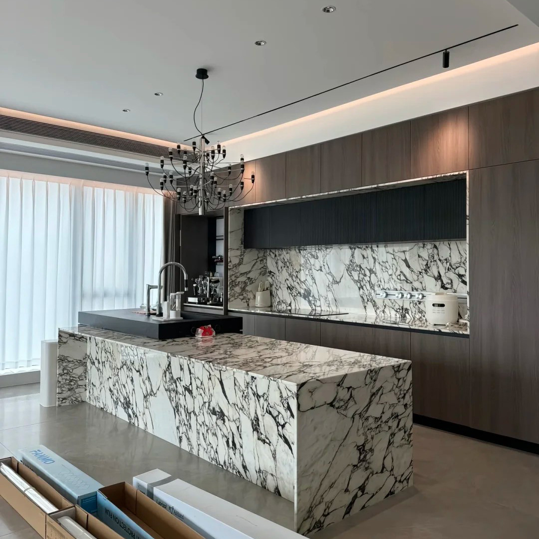 Calacatta Viola marble kitchen counter with violet natural veining