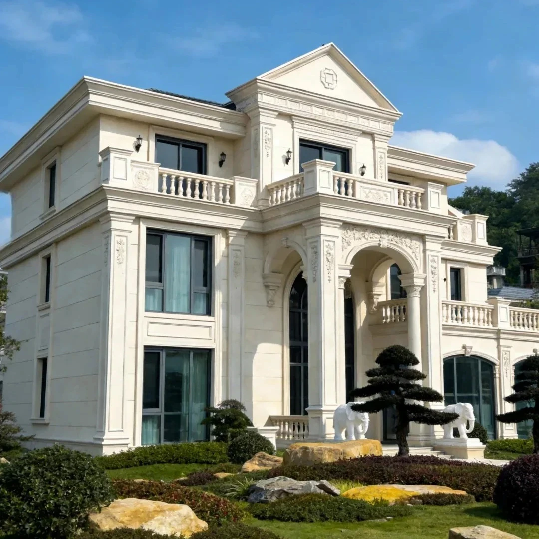 Custom size limestone facade panels fabricated according to architectural drawings