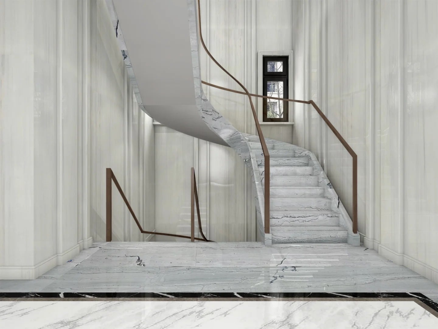 Brazilian Calacatta White Quartzite staircase for high-end interior projects