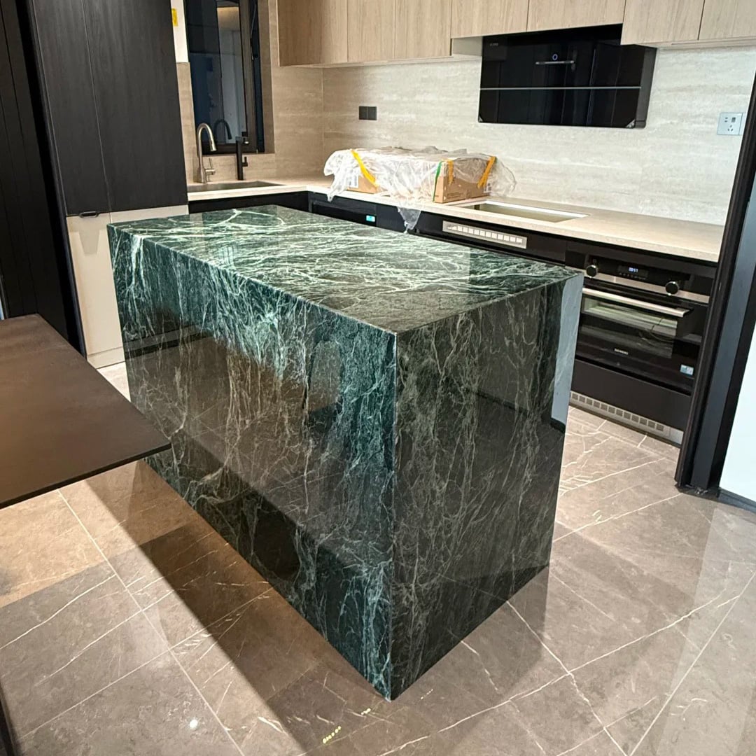 Green Verde Alpi Marble island table for high-end spaces
