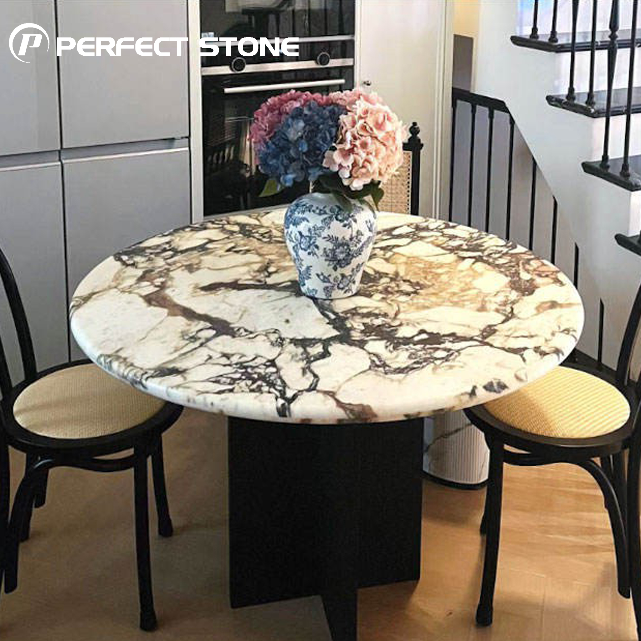 PerfectStone طاولة طعام دائرية طبيعية من الرخام بالجملة لمشاريع الفلل والفنادق الراقية
