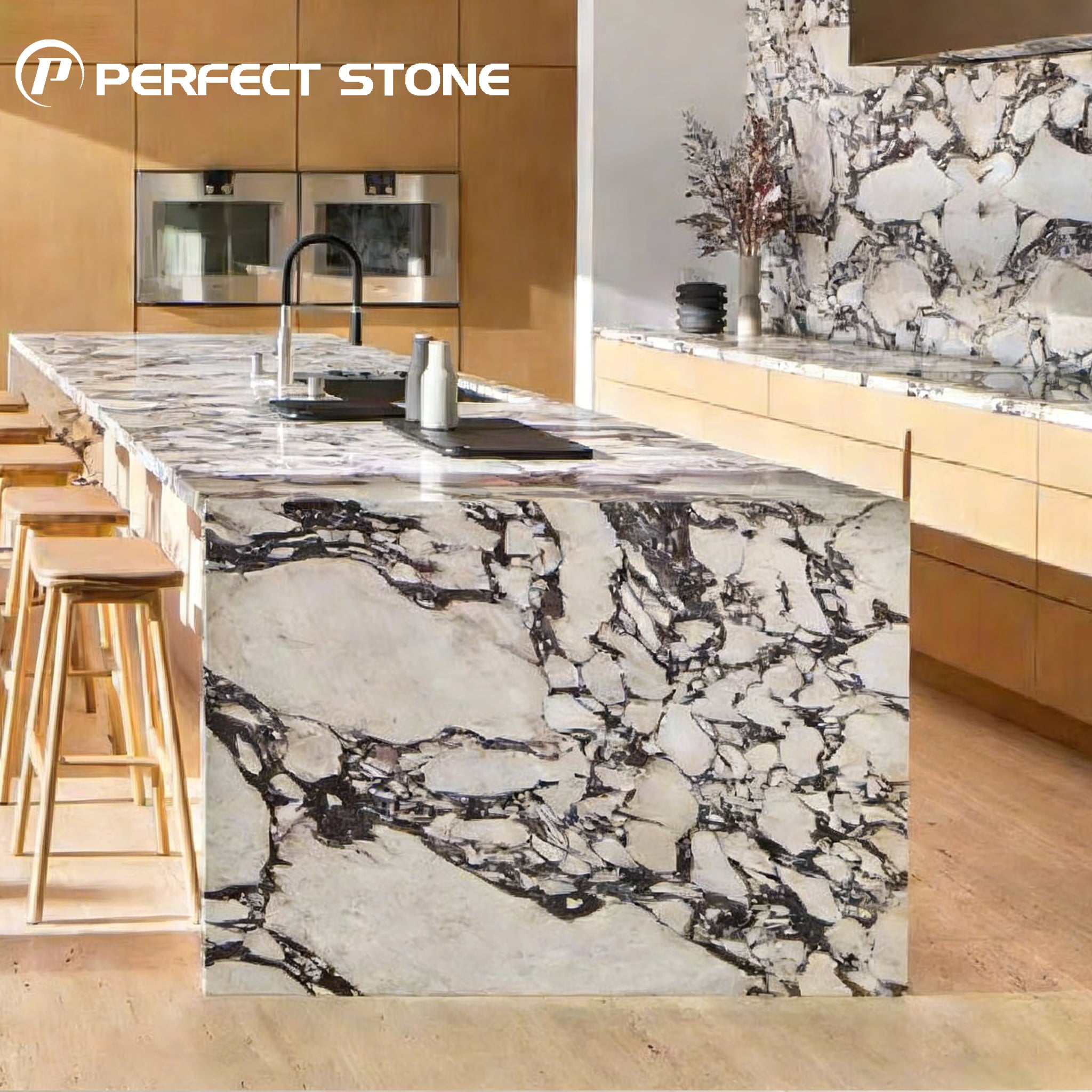 PerfectStone Natural Calacatta Viola Marble Kitchen Island for Luxury Villa Hotel Project