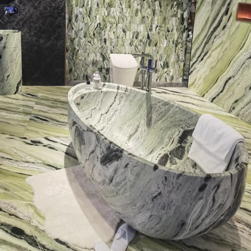 Cloudy jade marble bathtub for private spa bathroom project