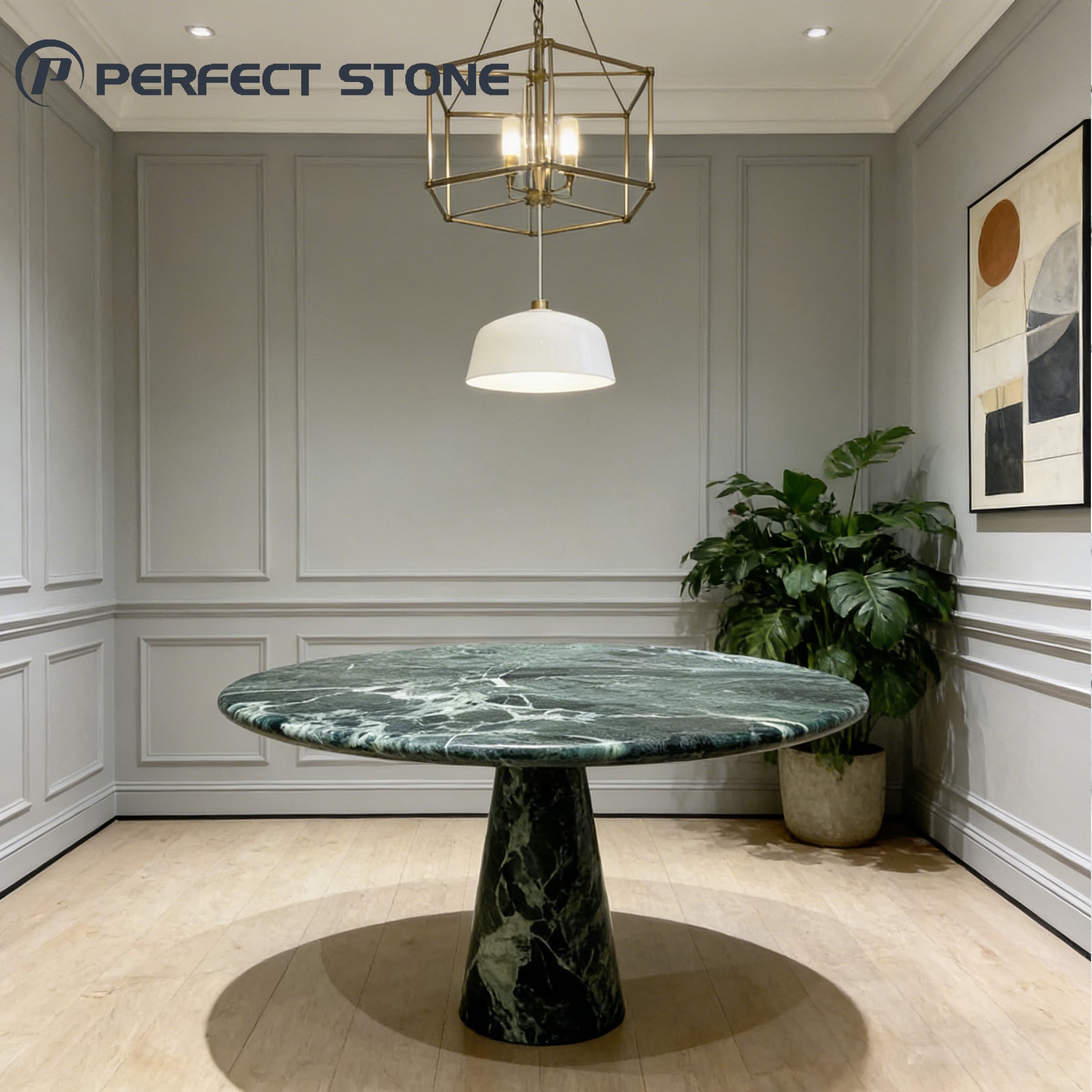 طاولة طعام دائرية من الرخام الطبيعي الأخضر من ماركة PerfectStone لمشاريع إنشاء الفيلات والفنادق الراقية