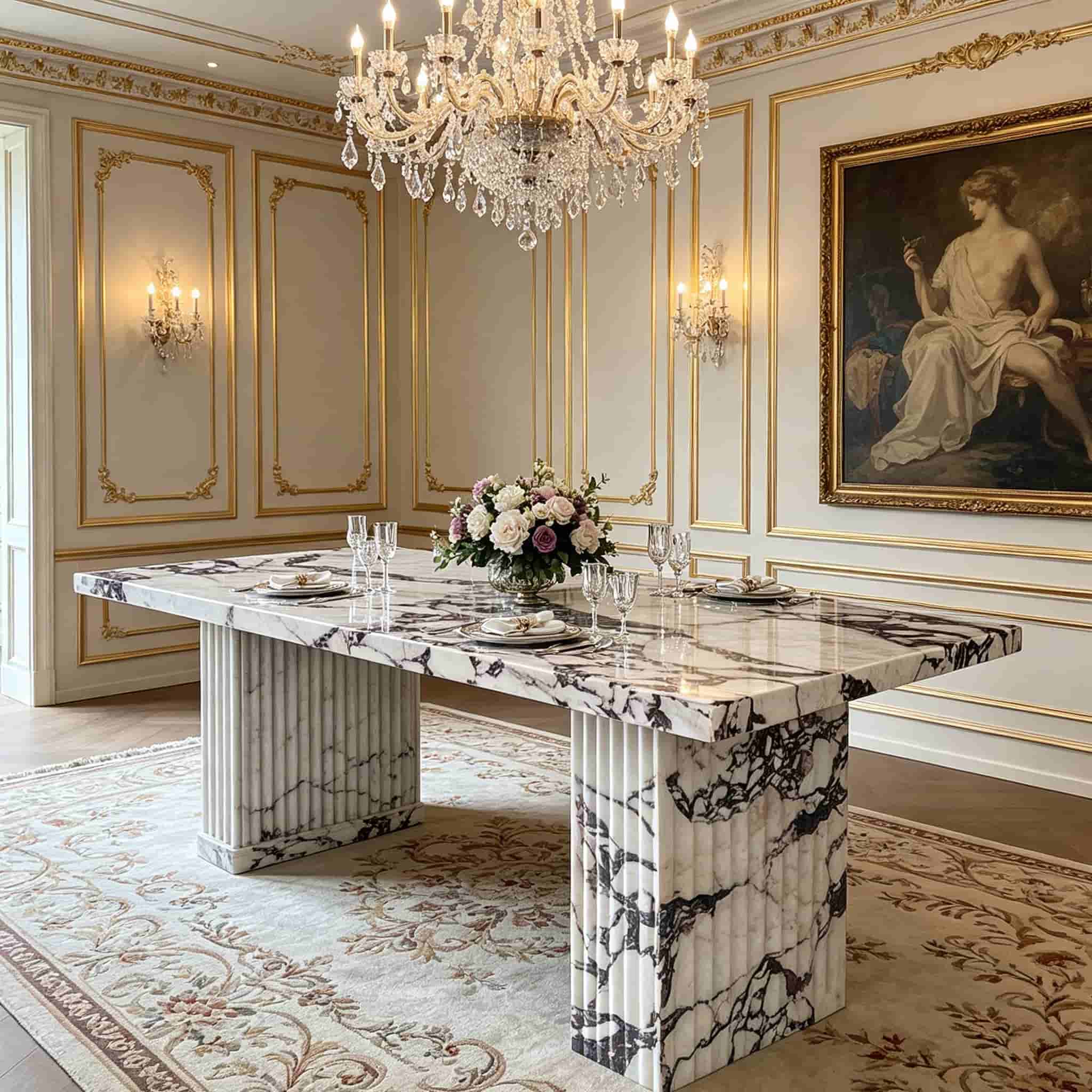 Natural Calacatta Viola marble dining table for high-end interior project