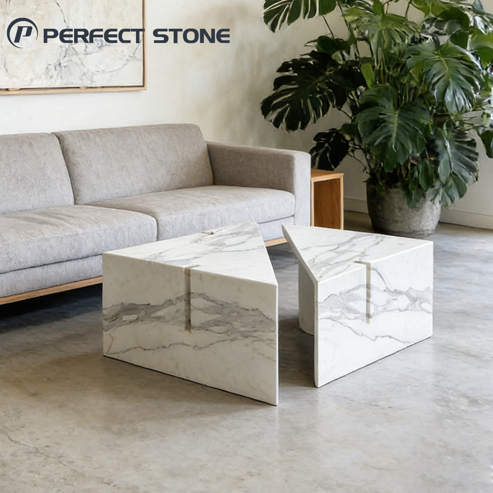 Set de mese de cafea din marmură naturală PerfectStone, lux Calacatta White, pentru sufragerie