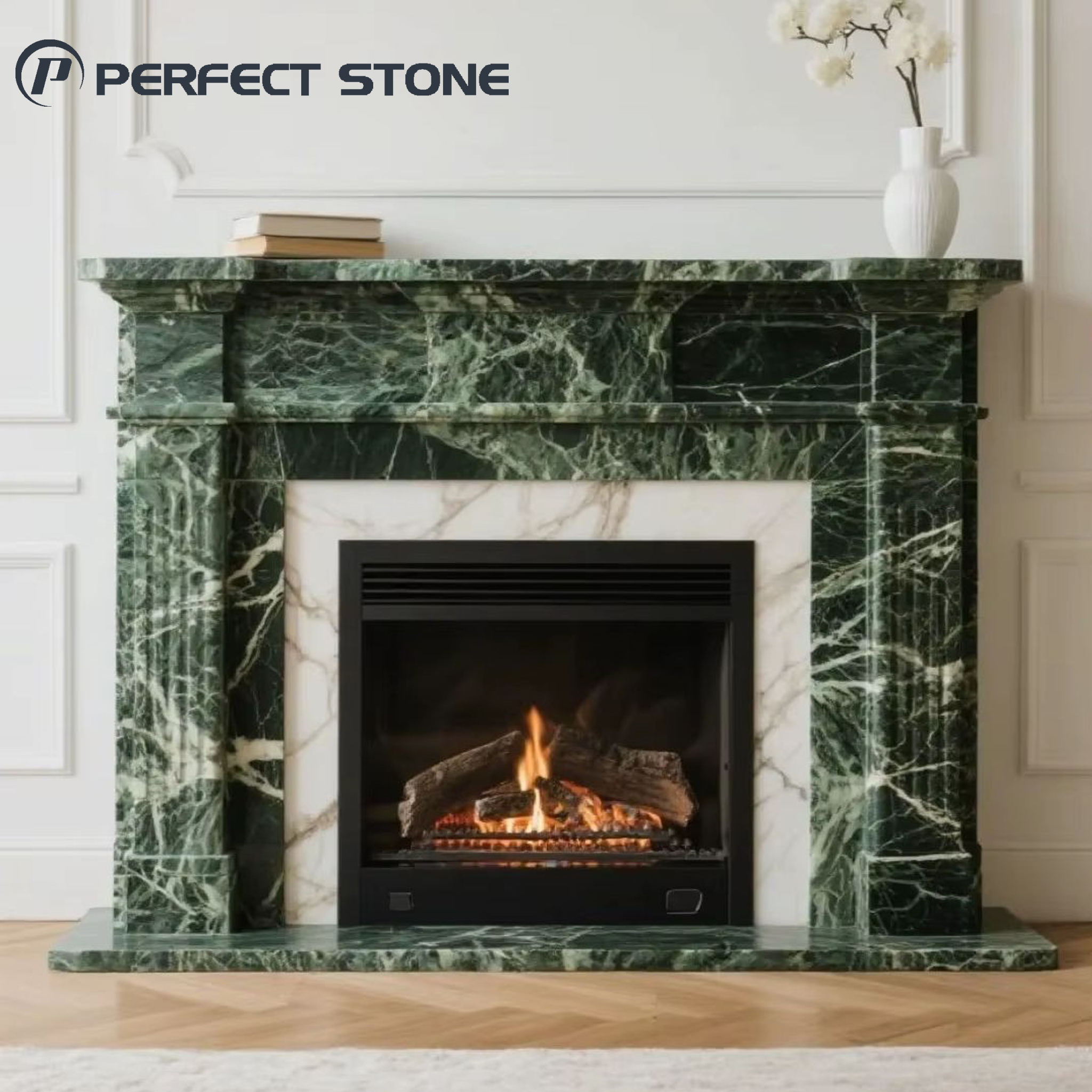 موقد رخامي أخضر زمردي طبيعي فاخر من علامة PerfectStone لمشاريع الفيلات والفنادق الراقية