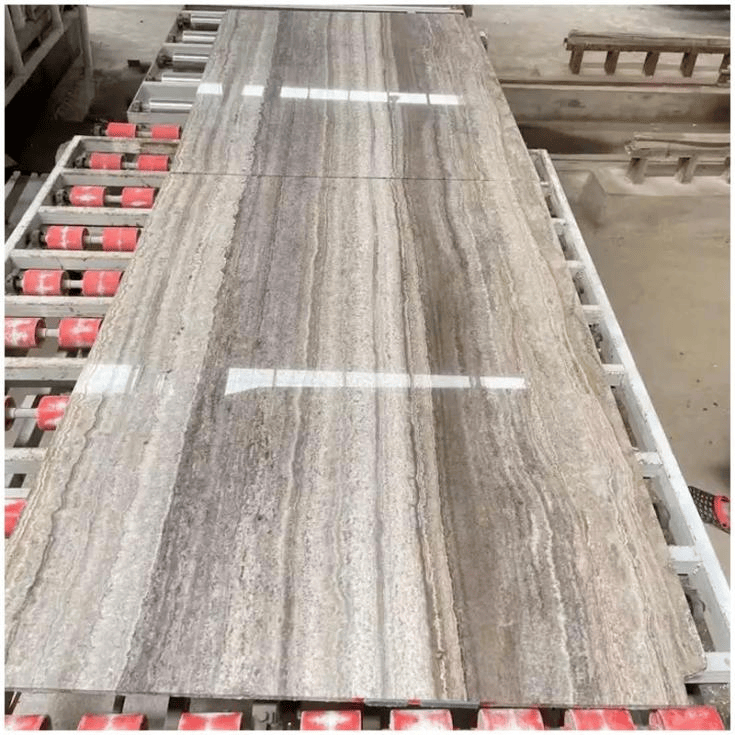 Large quantity of Silver Grey Travertine slabs stock image 2