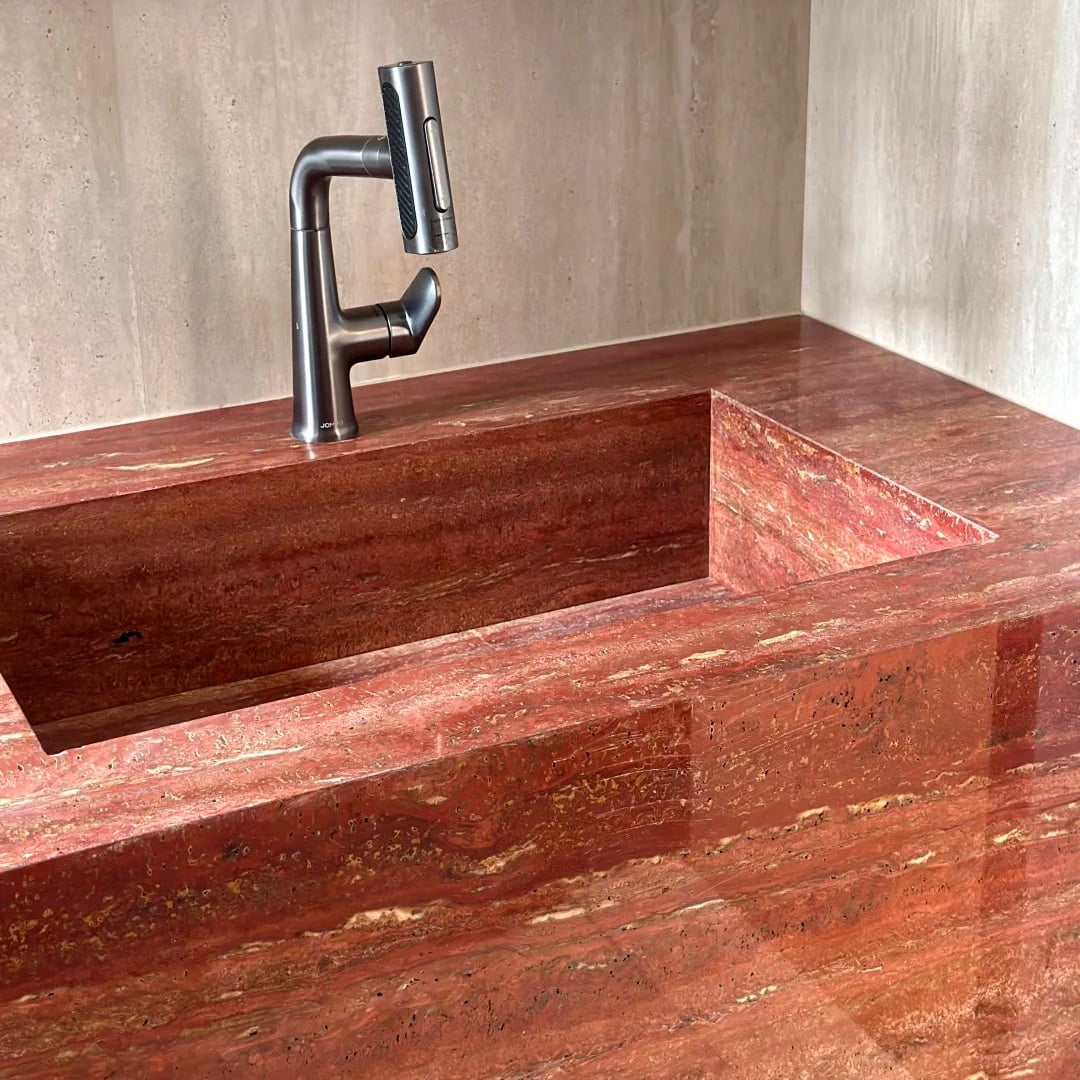 Red Travertine vanity top and bathroom countertop application