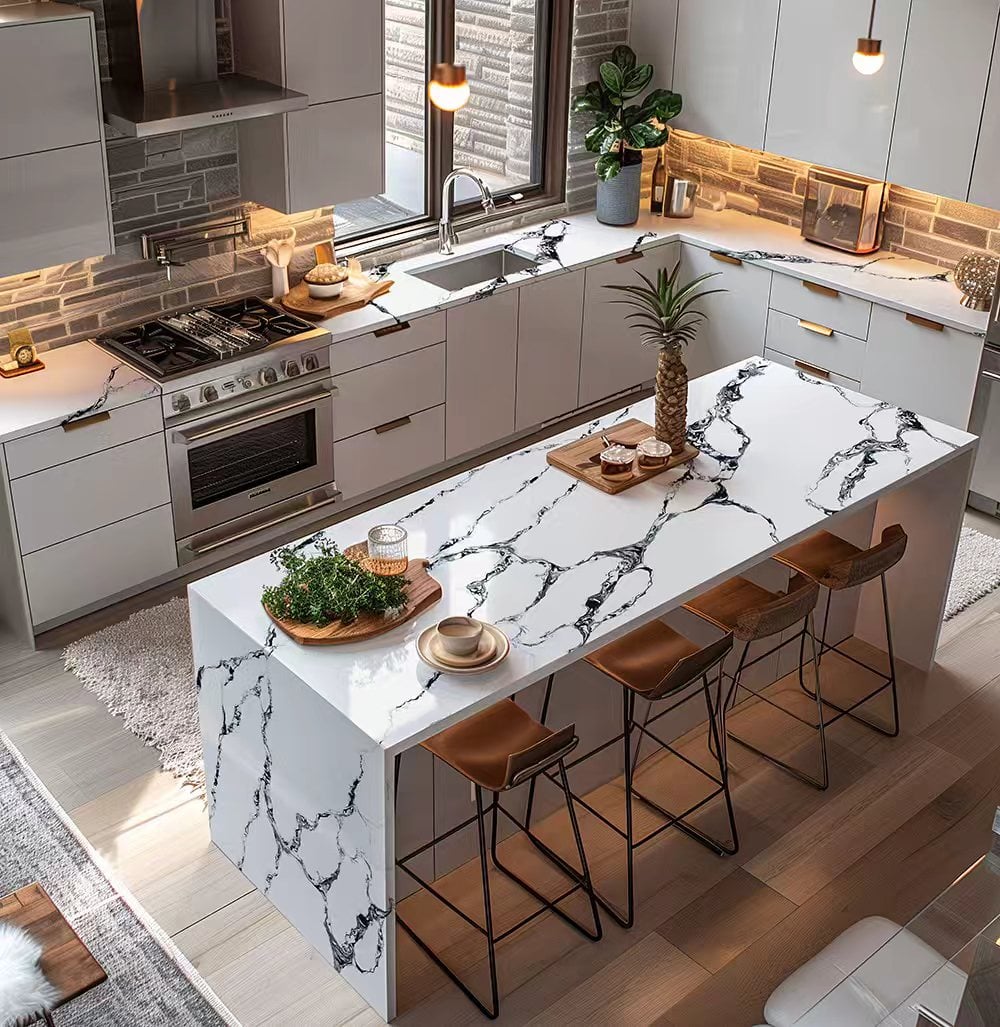 Calacatta Royal Gold Quartz countertop application for kitchen and interior decoration