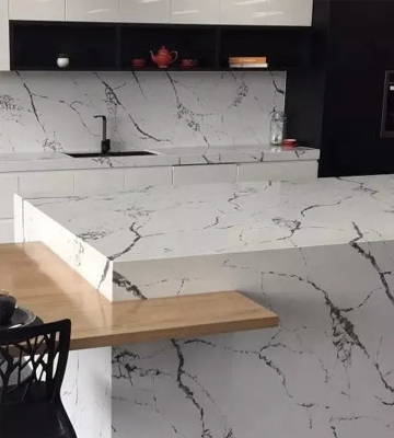 Calacatta marble look engineered quartz countertop with bold veins