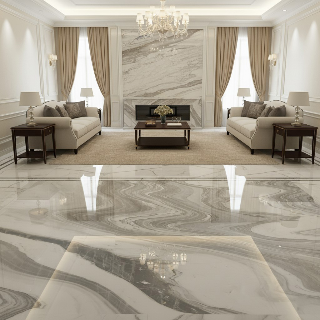 Volakas White Marble flooring design with soft white base and grey veining for luxury interior projects