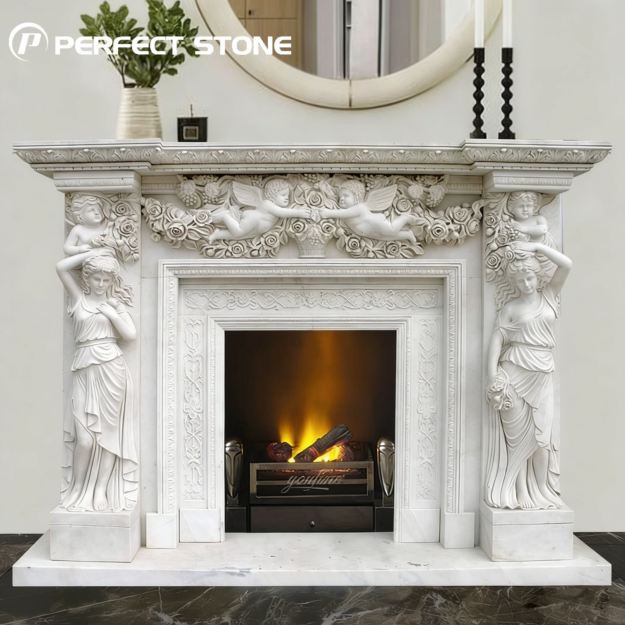 PerfectStone Wholesale Antique White Marble Fireplace for High-end Villa Hotel Construction