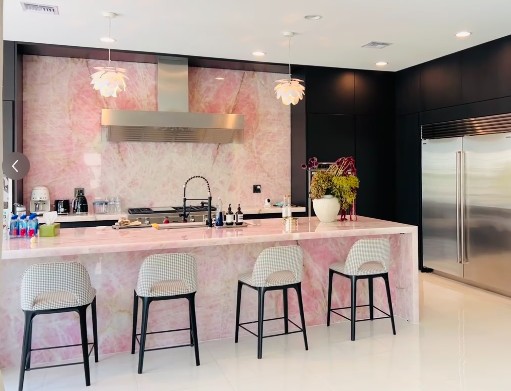 Natural Pink Onyx kitchen island for luxury villa interior