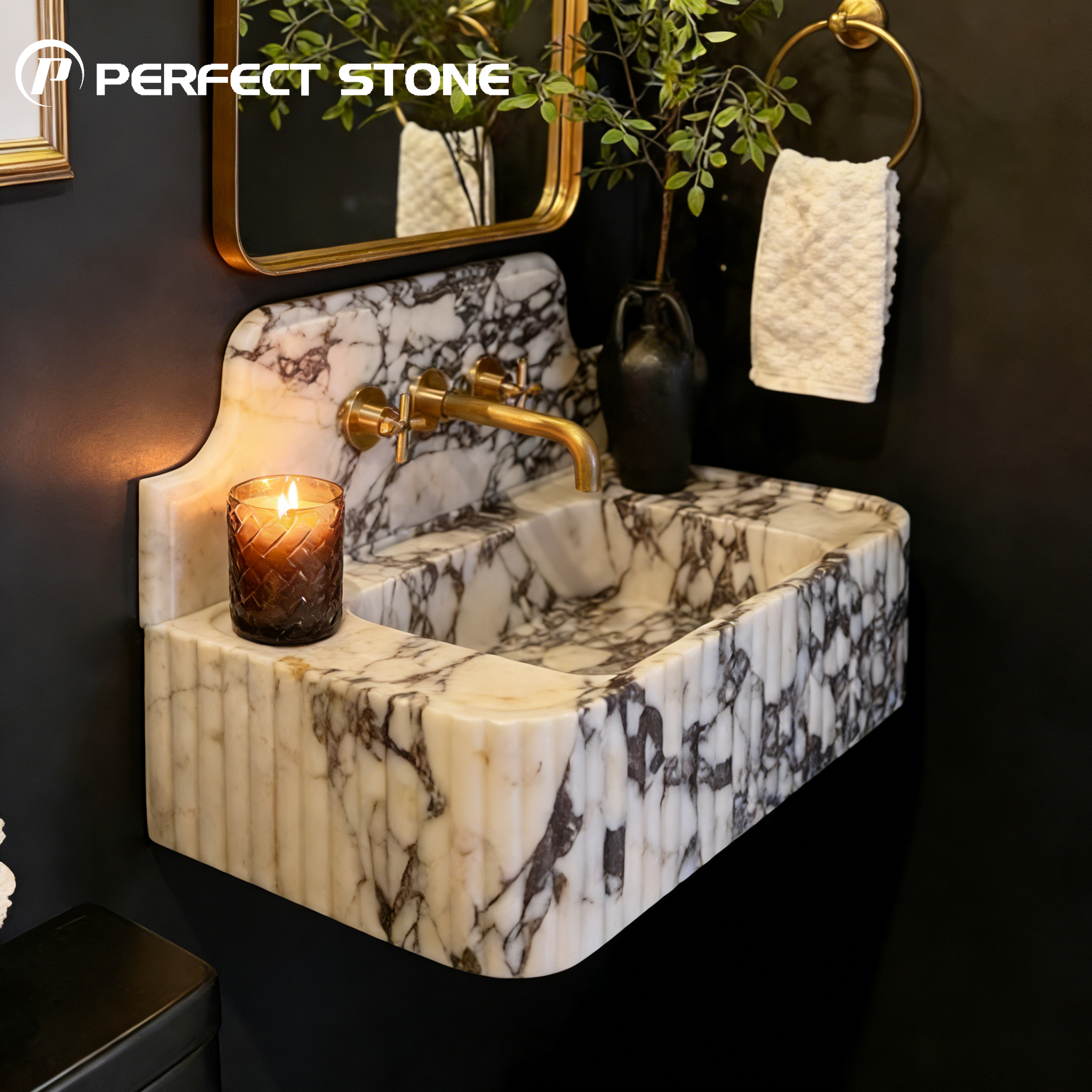 Calacatta Viola marble sink with purple and grey veining