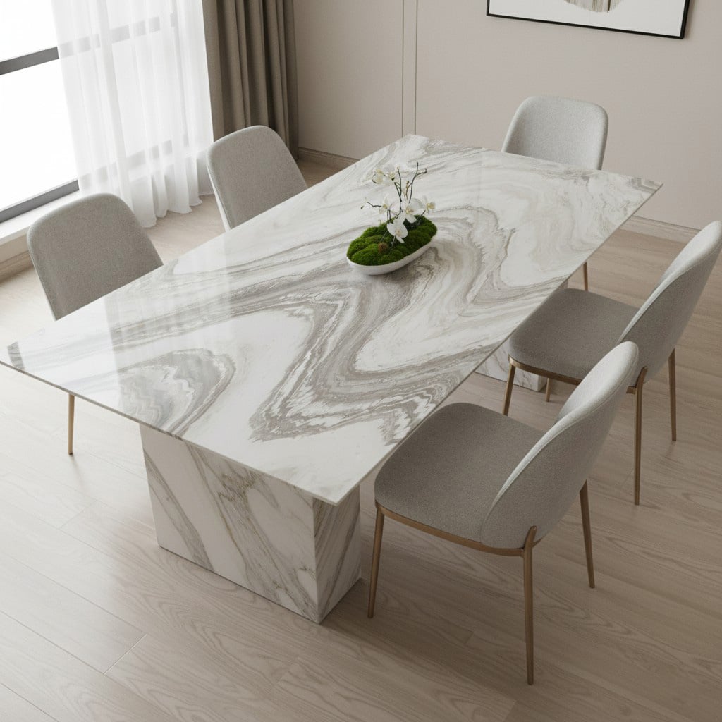Volakas White Marble dining table with white base and smooth grey natural veining