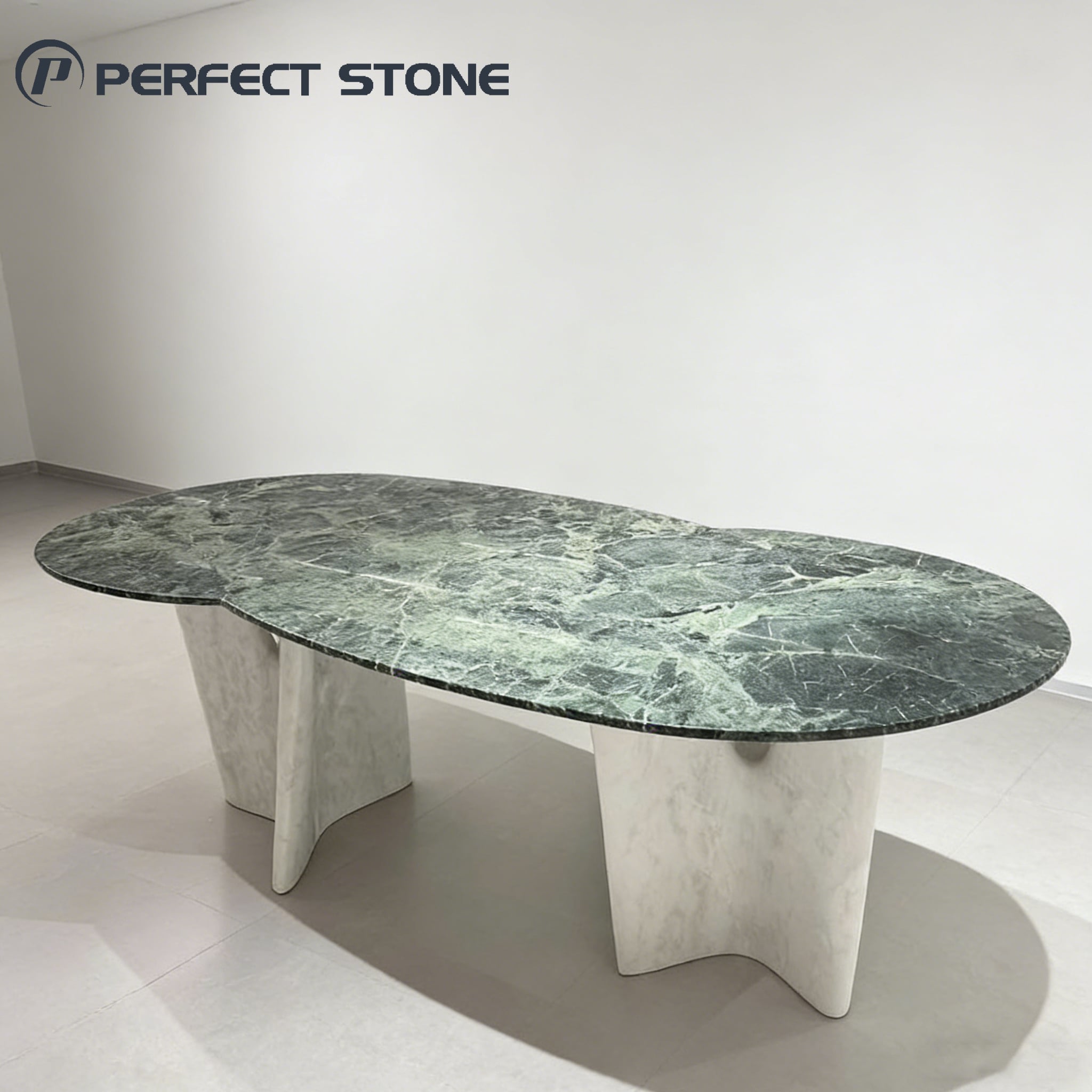 Masa de prânz din marmură verde PerfectStone cu picioare din marmură albă pentru proiectul de vilă și hotel de înaltă clasă
