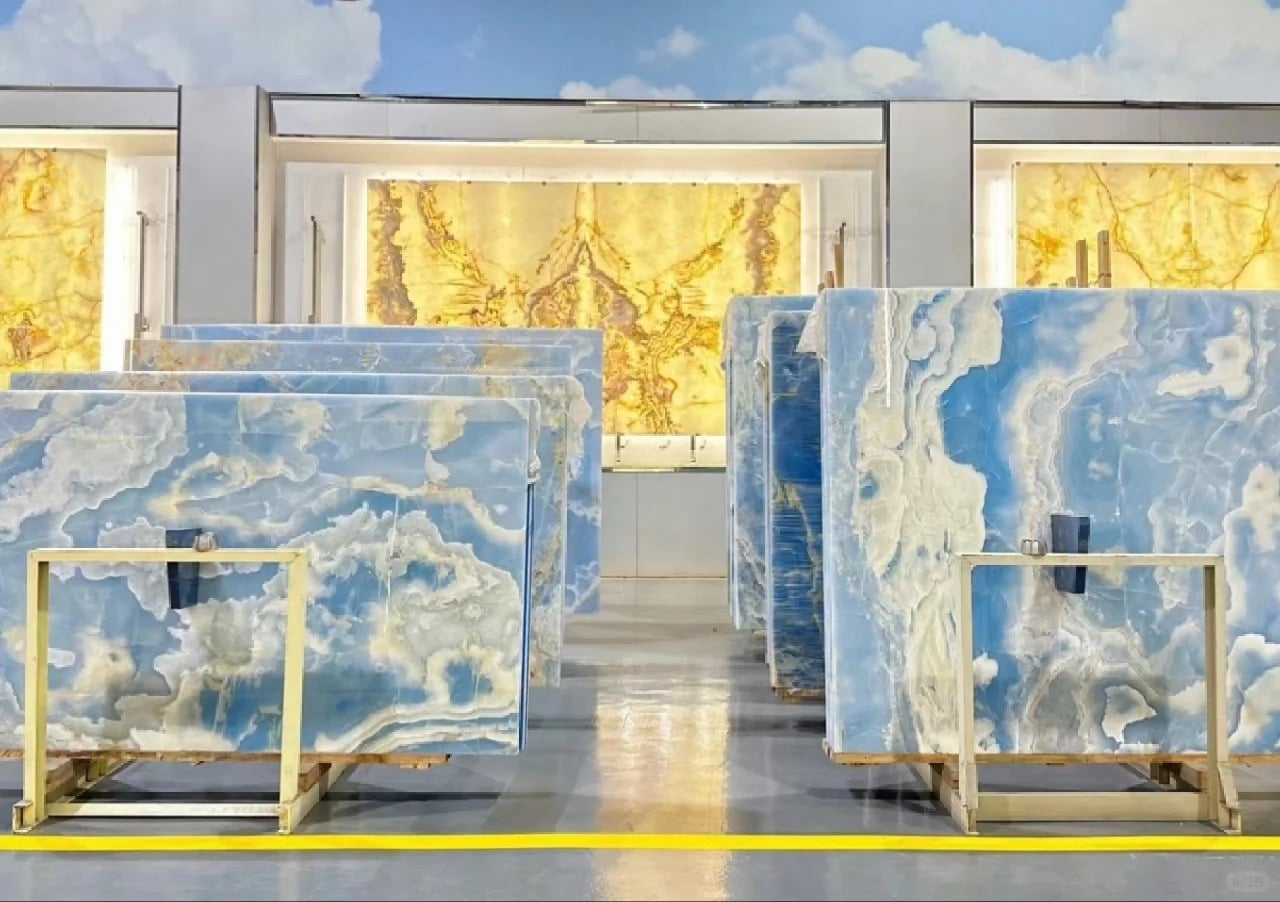 Natural blue onyx slab with translucent stone texture