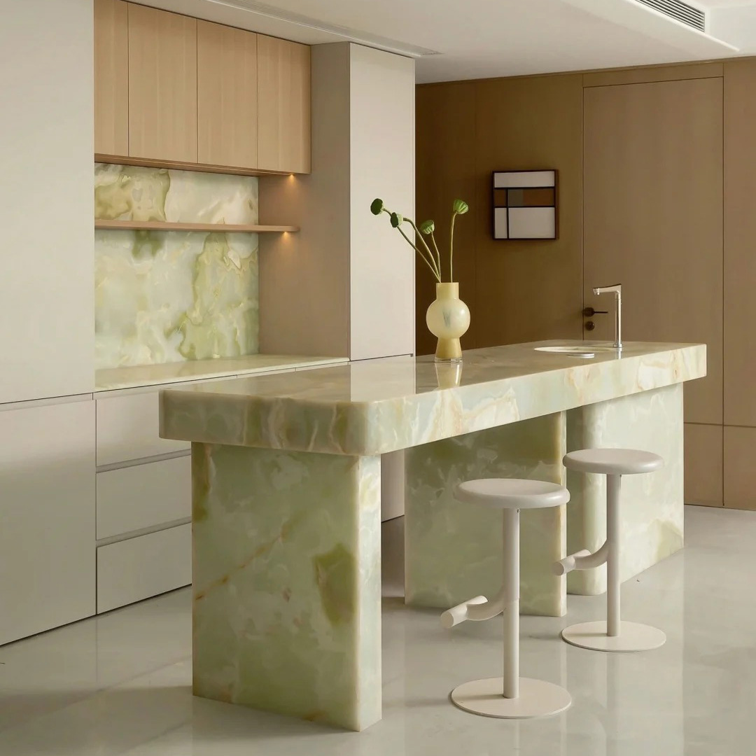 Green onyx marble island surface for luxury residential projects