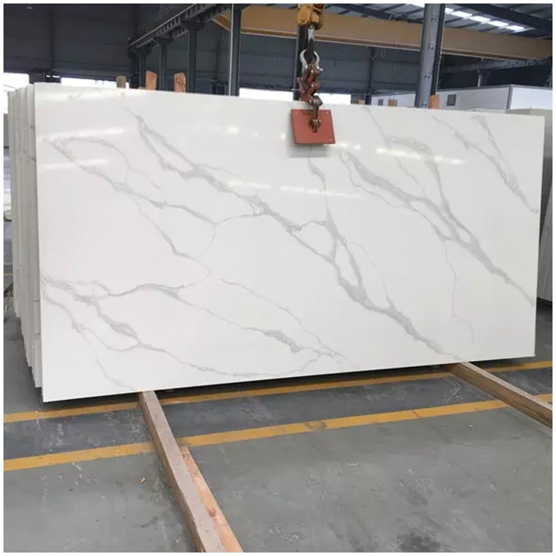 Calacatta quartz slab stock with marble look grey veining