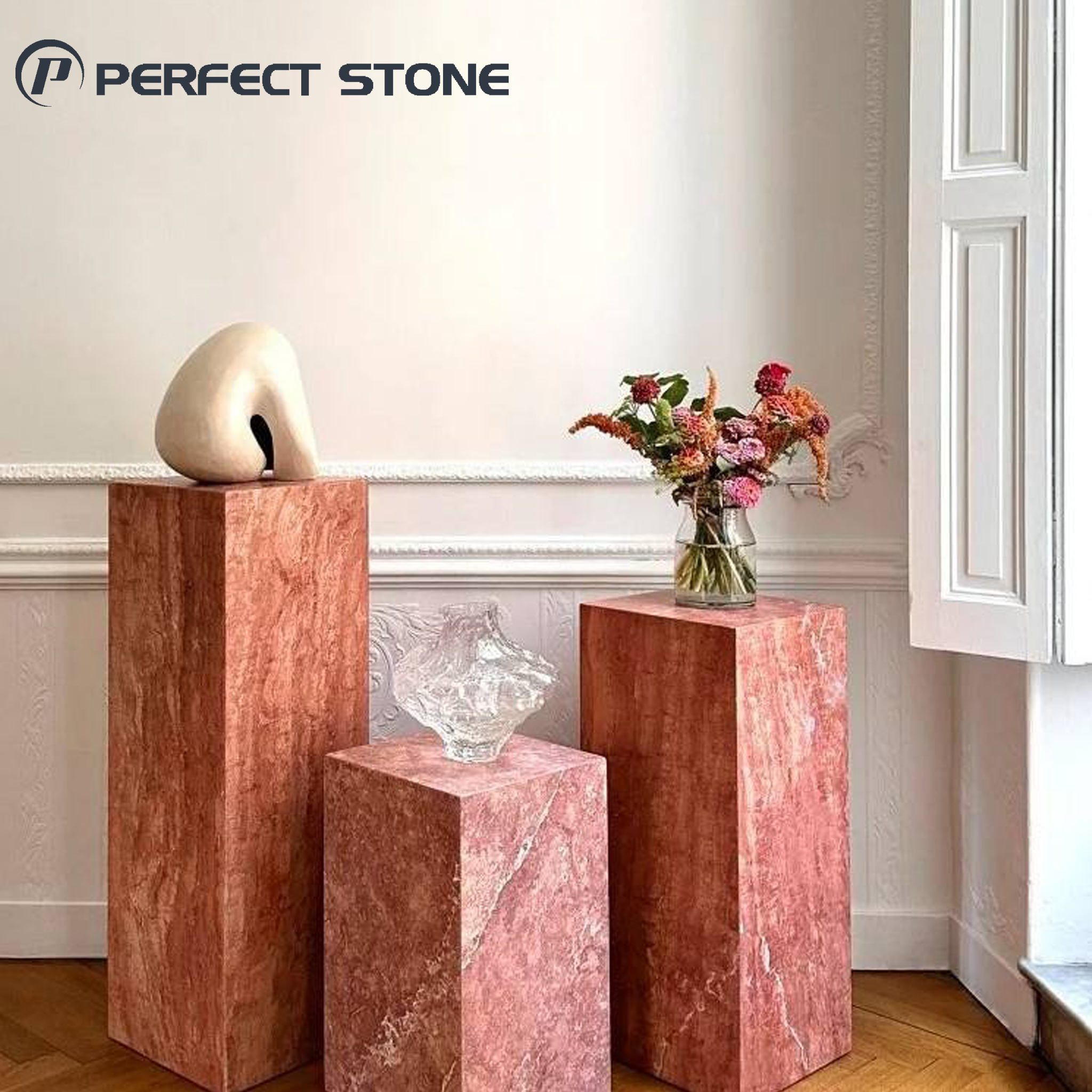 Perfectstone – Masa de noptieră din travertin natural roșu și bej – Masă laterală de lux din piatră pentru spații de trai de lux