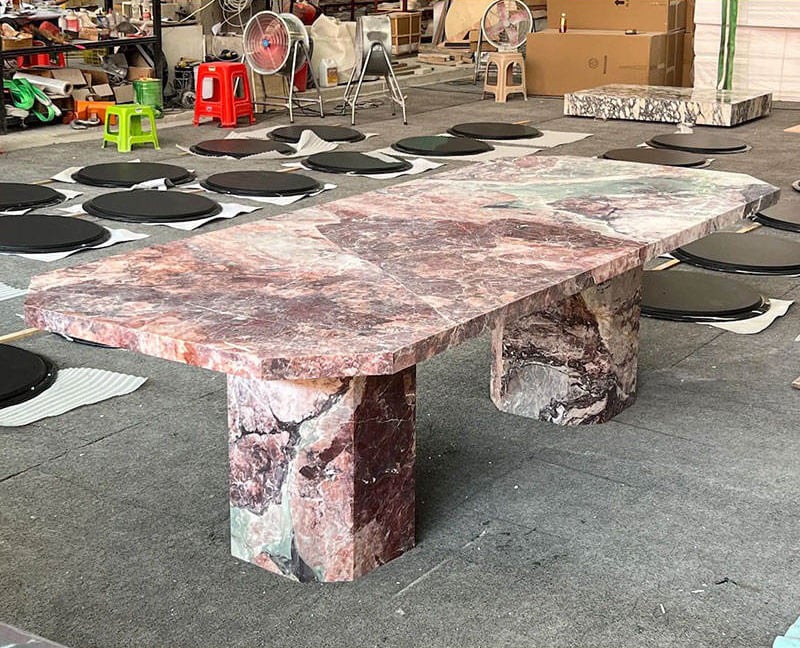 Pink marble dining room table for luxury villa dining space