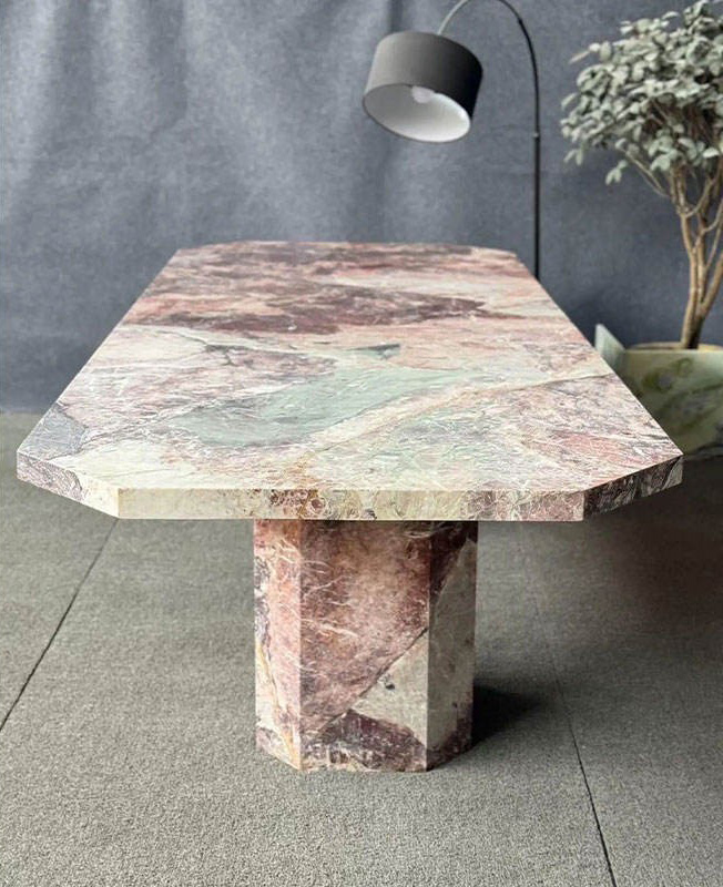 Natural Four Season Pink Marble dining table with pink green stone texture
