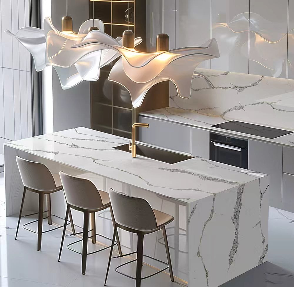 Calacatta Royal Gold Quartz slab application for wall cladding countertop and furniture surface