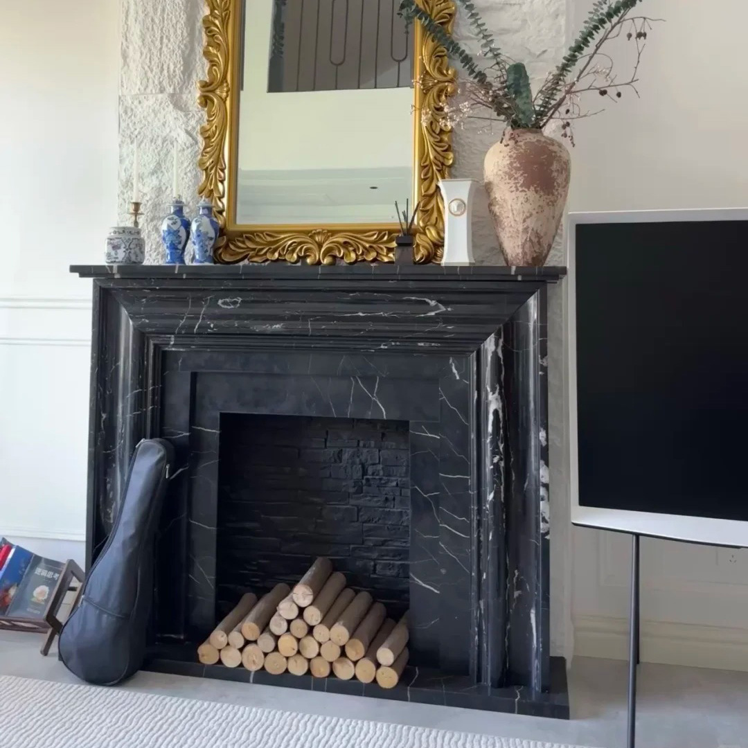 Nero Marquina Marble fireplace surround for high-end living room decoration