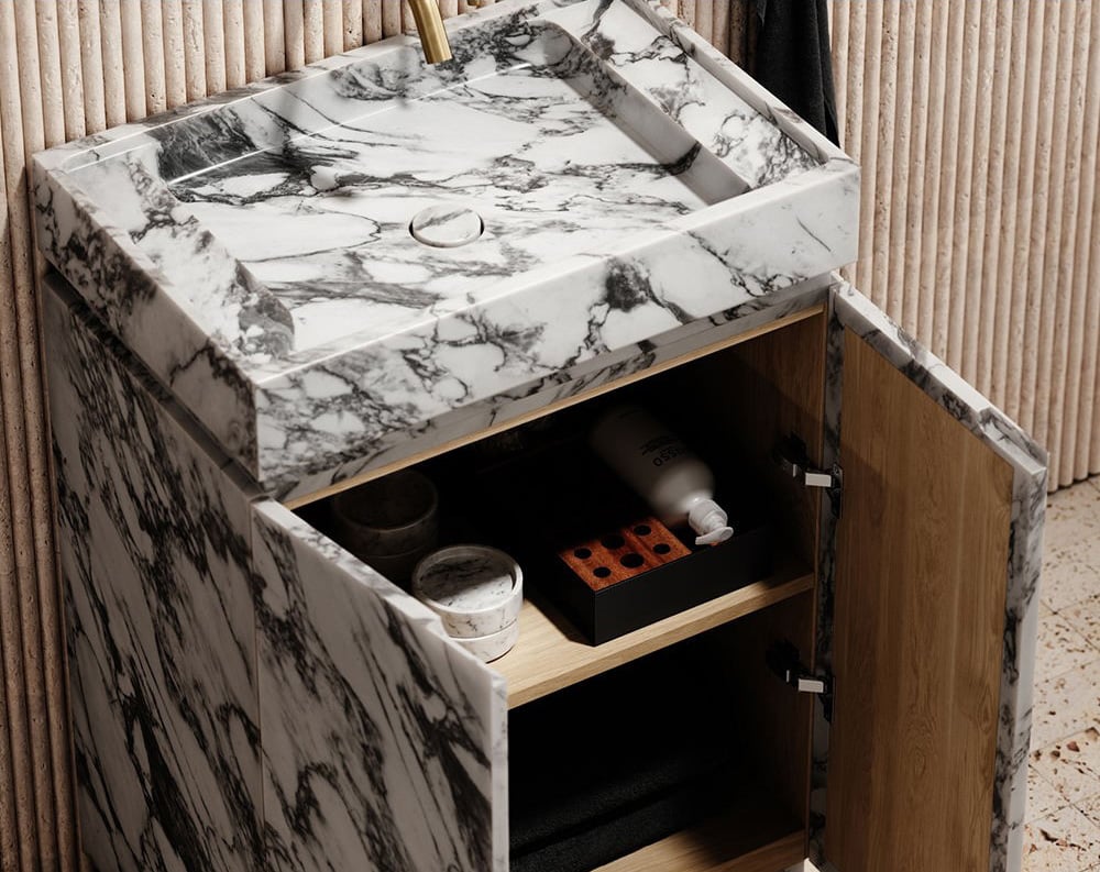 How to clean marble vanity with integrated sink and storage cabinet