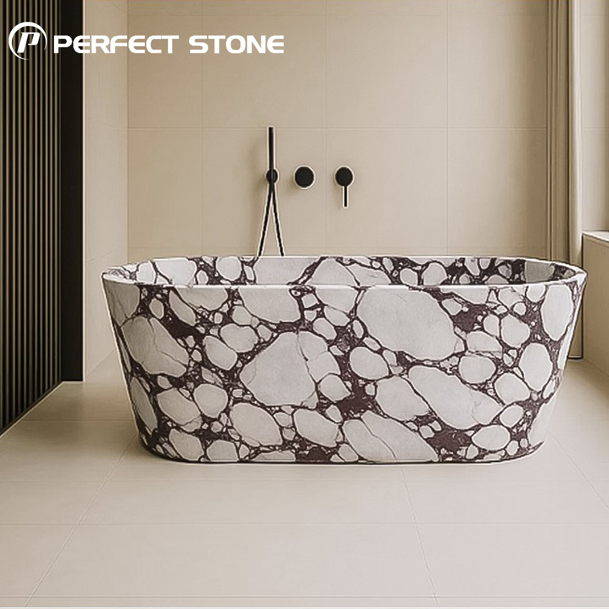 Calacatta Viola marble bathtub with white base and purple veining