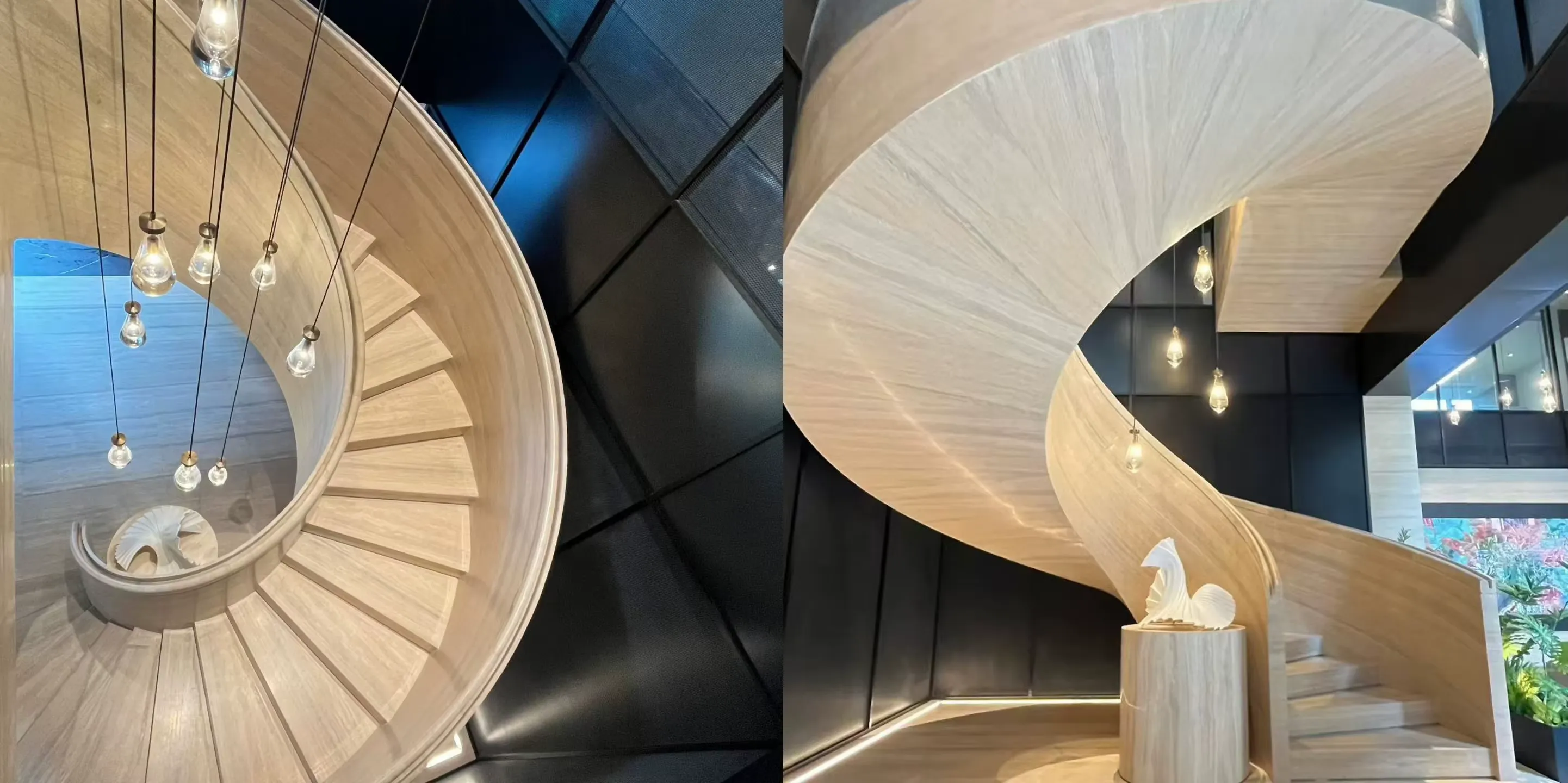Ultra thin travertine veneer used on curved architectural wall and staircase surfaces