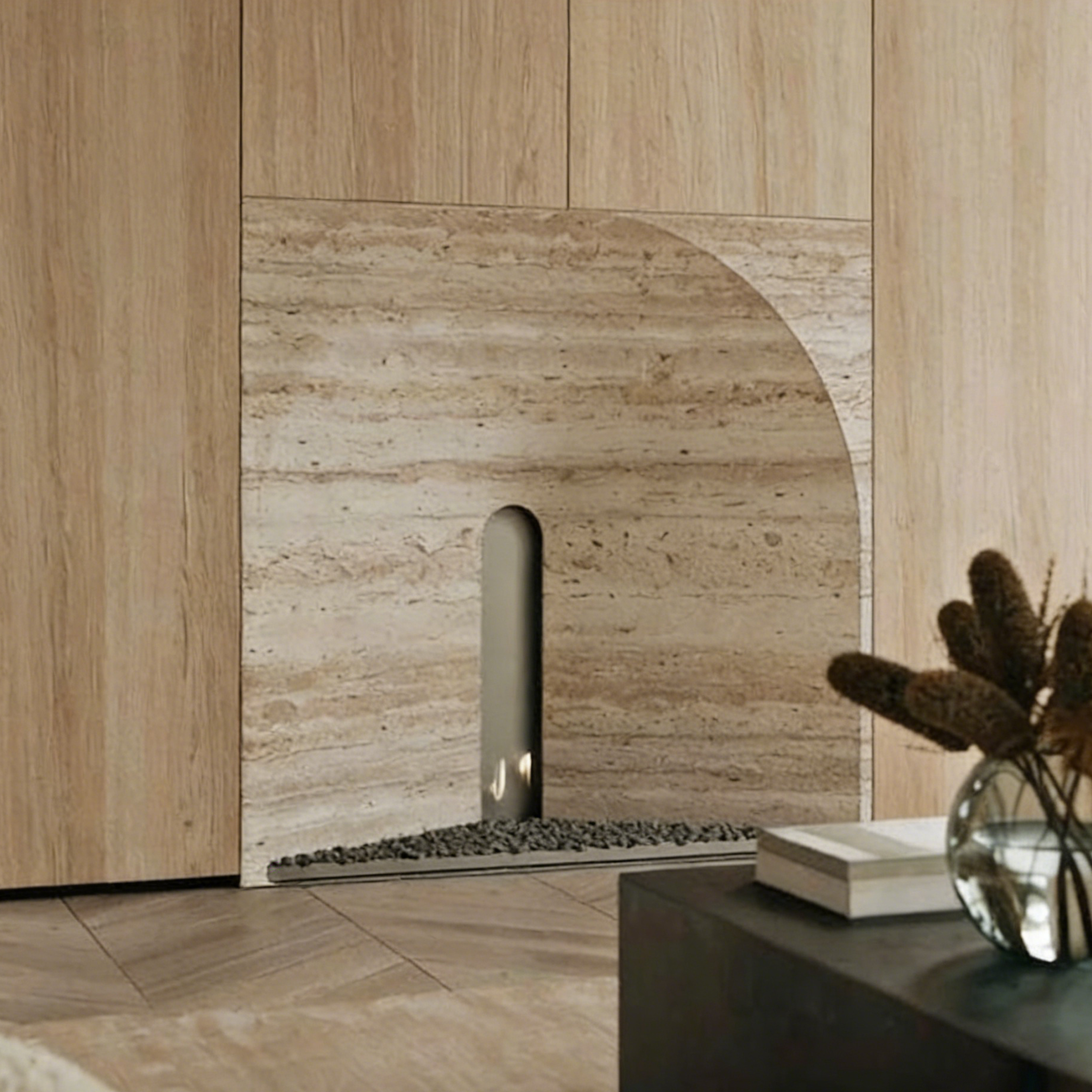 Travertine fireplace wall for modern minimalist and wabi-sabi room