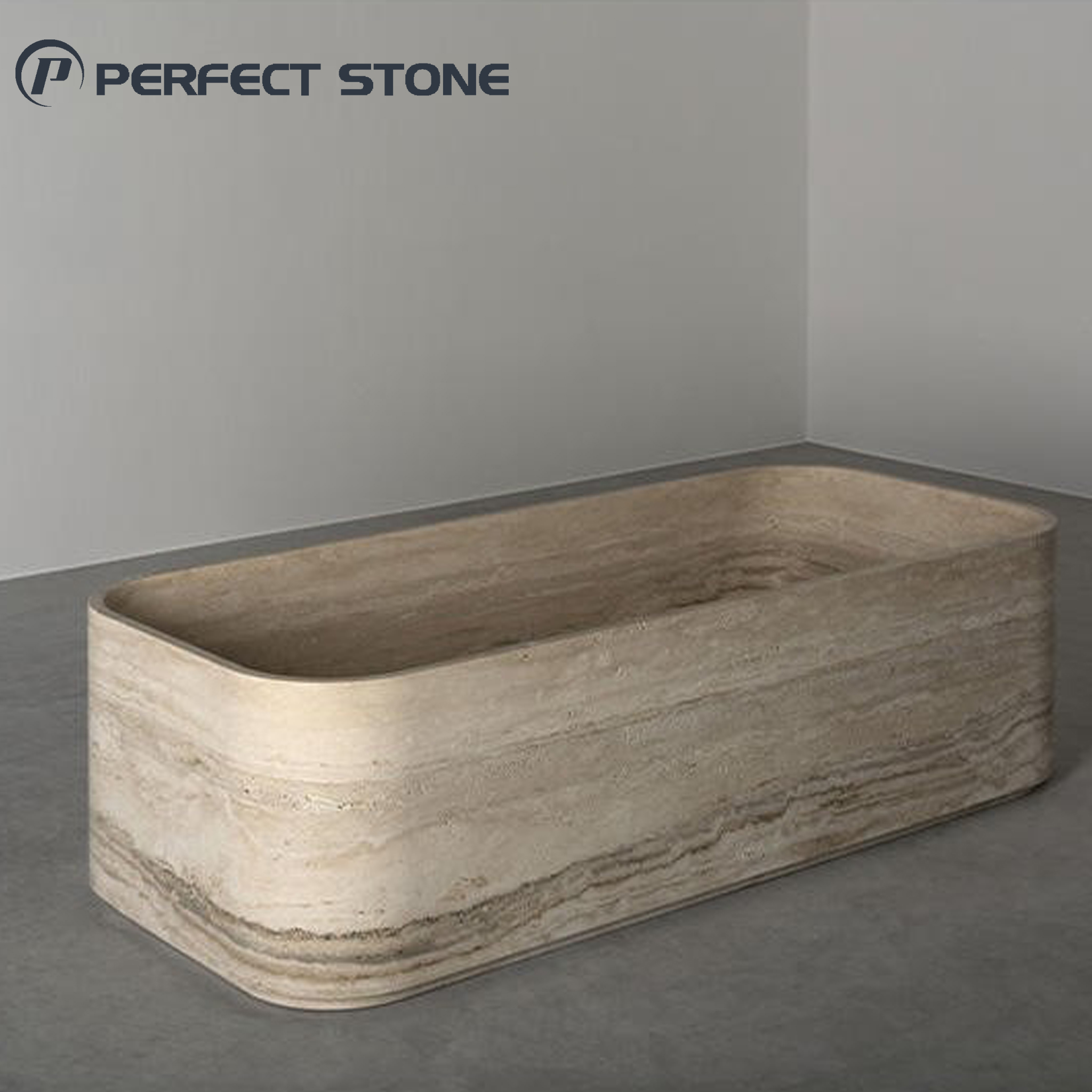 Design de lux pentru cadă din travertin natural argintiu de la PerfectStone, pentru proiecte de interior
