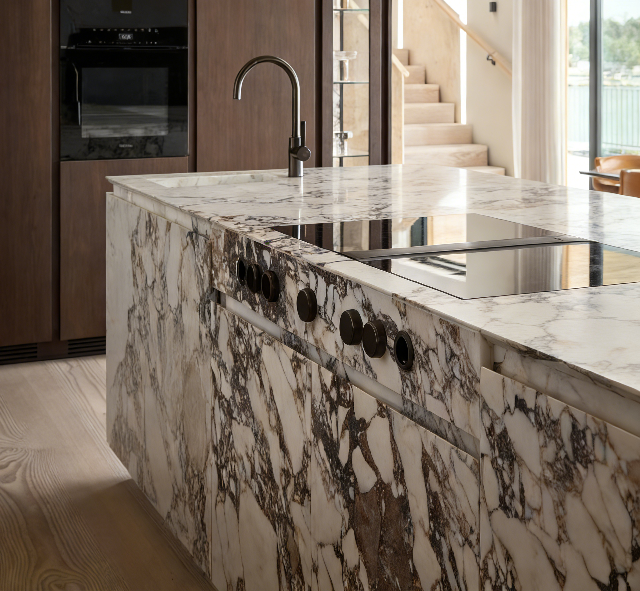 Custom Calacatta Viola marble kitchen island for luxury open kitchen