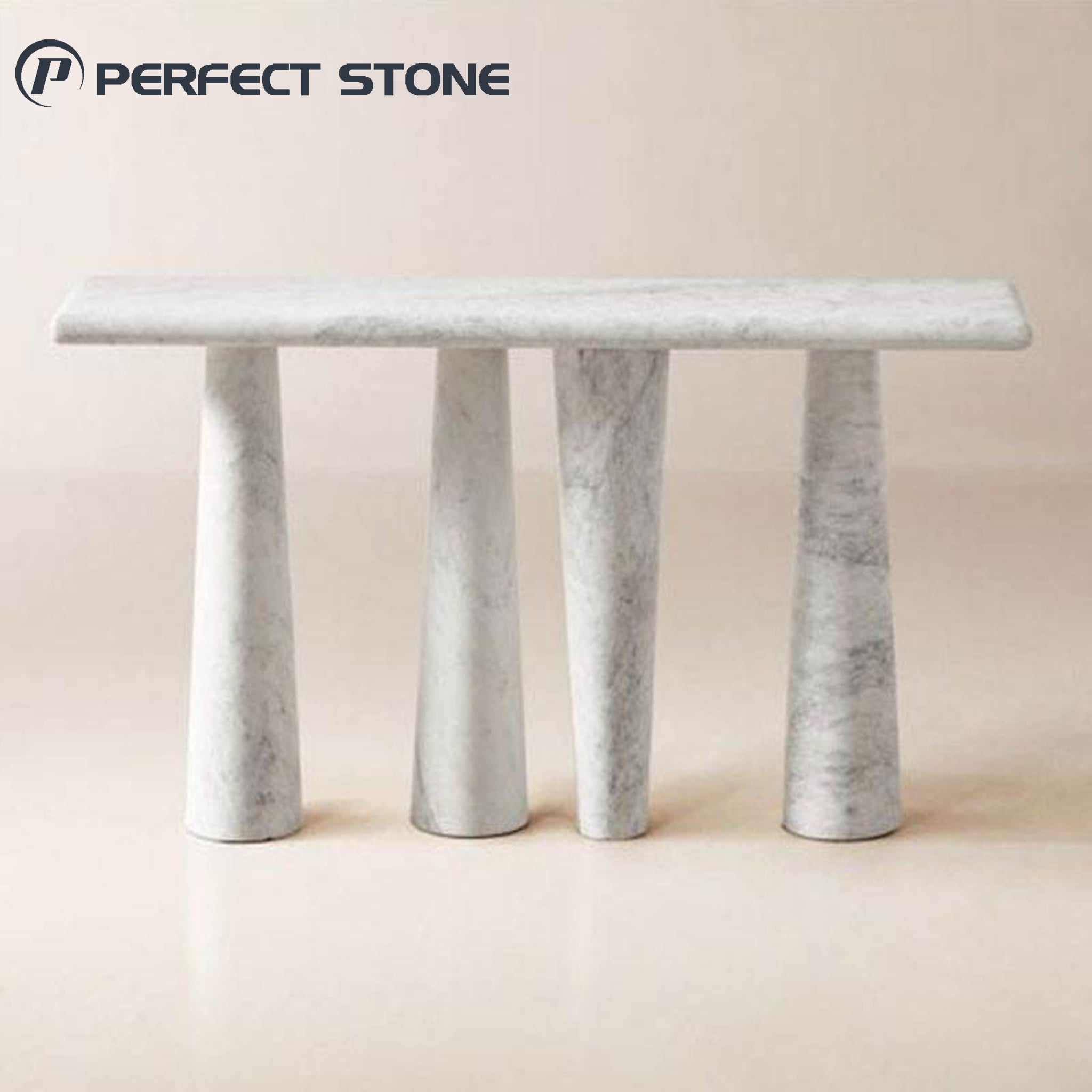 Masa consolă din marmură naturală, realizată manual de PerfectStone, pentru plasarea în spatele canapelei, lângă perete