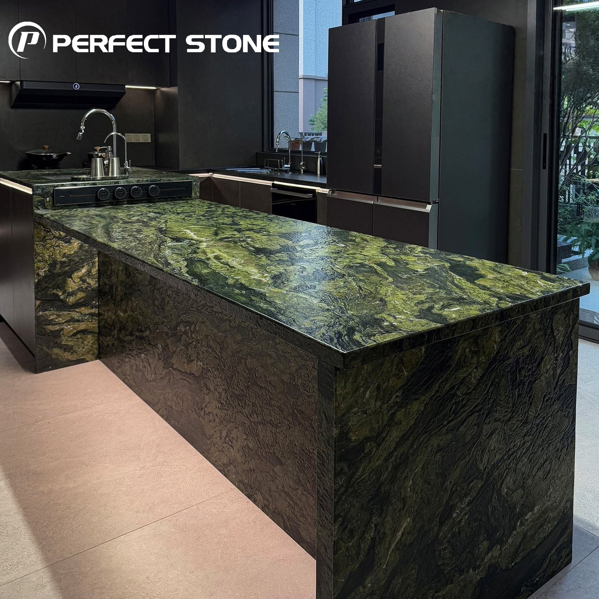 PerfectStone — ручной работы островная кухонная столешница из тёмно-зелёного мрамора, индивидуально изготовленная массивная каменная столешница для роскошной современной кухни