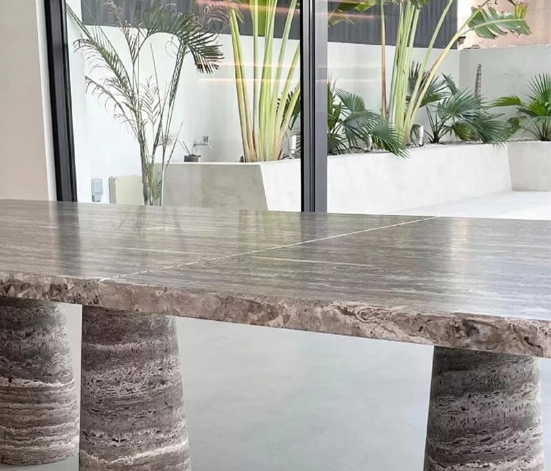 Silver travertine kitchen dining table for open kitchen and villa project